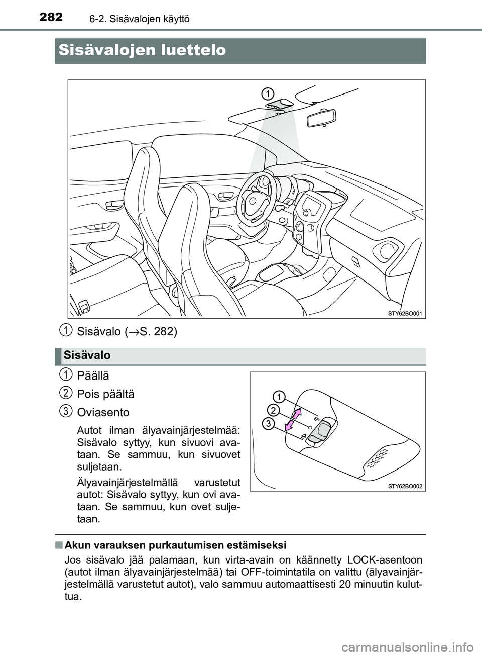 TOYOTA AYGO 2018  Omistajan Käsikirja (in Finnish) 2826-2. Sisävalojen käyttö
OM99R11FI
Sisävalojen luettelo
Sisävalo (→S. 282)
Päällä
Pois päältä
Oviasento
Autot ilman älyavainjärjestelmää:
Sisävalo syttyy, kun sivuovi ava-
taan. Se