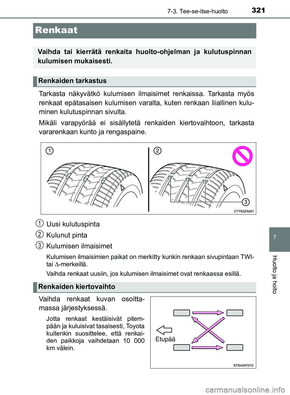 TOYOTA AYGO 2018 Omistajan Käsikirja (in Finnish) 3217-3. Tee-se-itse-huolto
7
Huolto ja hoito
OM99R11FI
Renkaat
Tarkasta näkyvätkö kulumisen ilmaisimet renkaissa. Tarkasta myös
renkaat epätasaisen kulu misen varalta, kuten renkaan liiallinen ku TOYOTA AYGO 2018 Omistajan Käsikirja (in Finnish) 3217-3. Tee-se-itse-huolto
7
Huolto ja hoito
OM99R11FI
Renkaat
Tarkasta näkyvätkö kulumisen ilmaisimet renkaissa. Tarkasta myös
renkaat epätasaisen kulu misen varalta, kuten renkaan liiallinen ku