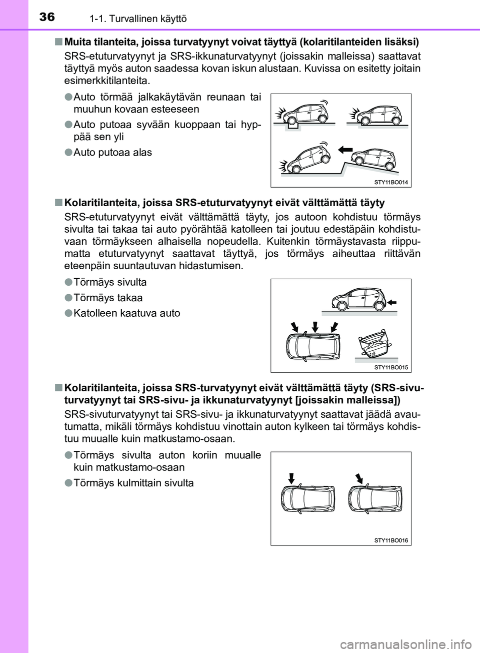 TOYOTA AYGO 2018 Omistajan Käsikirja (in Finnish) 361-1. Turvallinen käyttö
OM99R11FIn
Muita tilanteita, joissa turvatyynyt voivat täyttyä (kolaritilanteiden lisäksi)
SRS-etuturvatyynyt ja SRS-ikkunaturvatyynyt (joissakin malleissa) saattavat
tà TOYOTA AYGO 2018 Omistajan Käsikirja (in Finnish) 361-1. Turvallinen käyttö
OM99R11FIn
Muita tilanteita, joissa turvatyynyt voivat täyttyä (kolaritilanteiden lisäksi)
SRS-etuturvatyynyt ja SRS-ikkunaturvatyynyt (joissakin malleissa) saattavat
tÃ