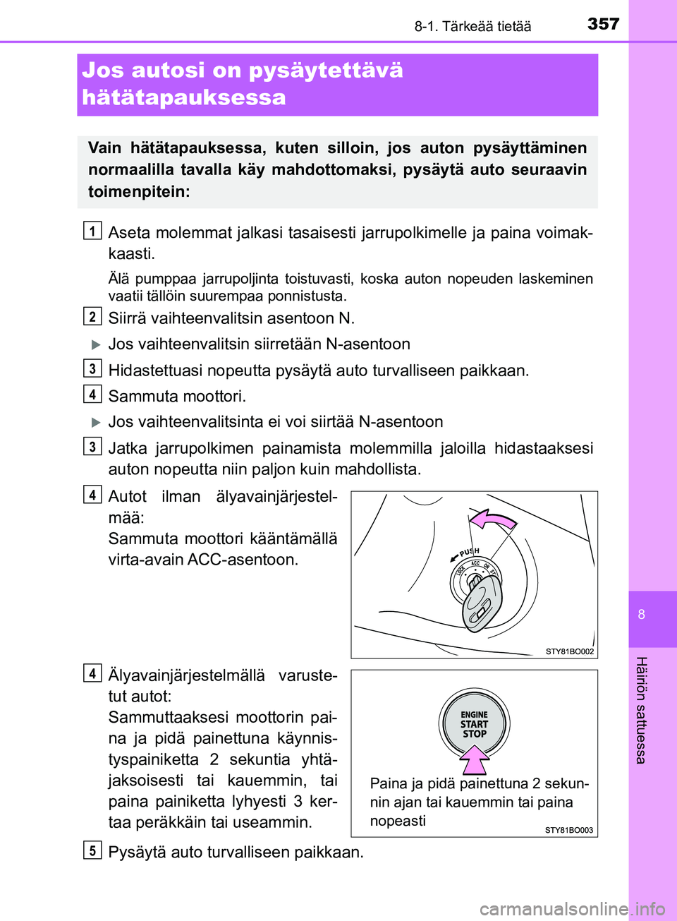 TOYOTA AYGO 2018 Omistajan Käsikirja (in Finnish) 3578-1. Tärkeää tietää
8
Häiriön sattuessa
OM99R11FI
Jos autosi on pysäytettävä
hätätapauksessa
Aseta molemmat jalkasi tasaisesti jarrupolkimelle ja paina voimak-
kaasti.
Älä pumppaa jar TOYOTA AYGO 2018 Omistajan Käsikirja (in Finnish) 3578-1. Tärkeää tietää
8
Häiriön sattuessa
OM99R11FI
Jos autosi on pysäytettävä
hätätapauksessa
Aseta molemmat jalkasi tasaisesti jarrupolkimelle ja paina voimak-
kaasti.
Älä pumppaa jar