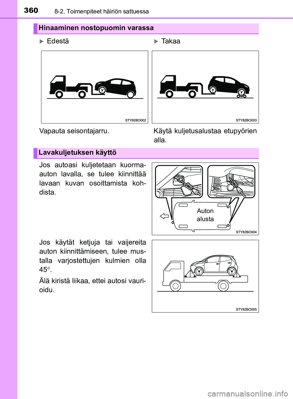 TOYOTA AYGO 2018 Omistajan Käsikirja (in Finnish) 3608-2. Toimenpiteet häiriön sattuessa
OM99R11FI
Jos autoasi kuljetetaan kuorma-
auton lavalla, se tulee kiinnittää
lavaan kuvan osoittamista koh-
dista.
Jos käytät ketjuja tai vaijereita
auton TOYOTA AYGO 2018 Omistajan Käsikirja (in Finnish) 3608-2. Toimenpiteet häiriön sattuessa
OM99R11FI
Jos autoasi kuljetetaan kuorma-
auton lavalla, se tulee kiinnittää
lavaan kuvan osoittamista koh-
dista.
Jos käytät ketjuja tai vaijereita
auton
