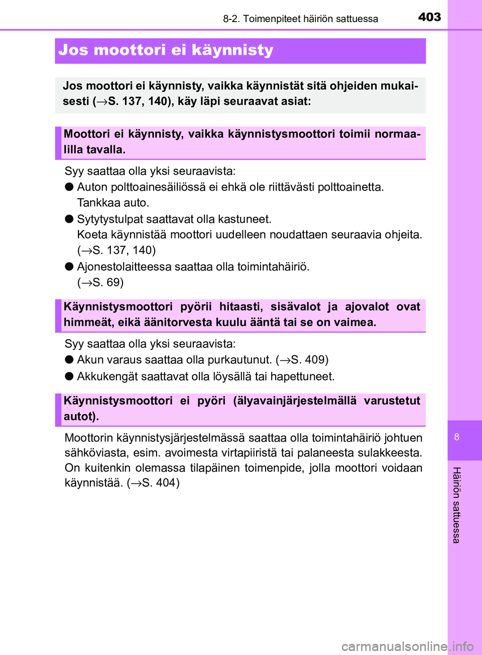 TOYOTA AYGO 2018  Omistajan Käsikirja (in Finnish) 4038-2. Toimenpiteet häiriön sattuessa
8
Häiriön sattuessa
OM99R11FI
Jos moottori ei käynnisty
Syy saattaa olla yksi seuraavista:
lAuton polttoainesäiliössä ei ehkä  ole riittävästi polttoa