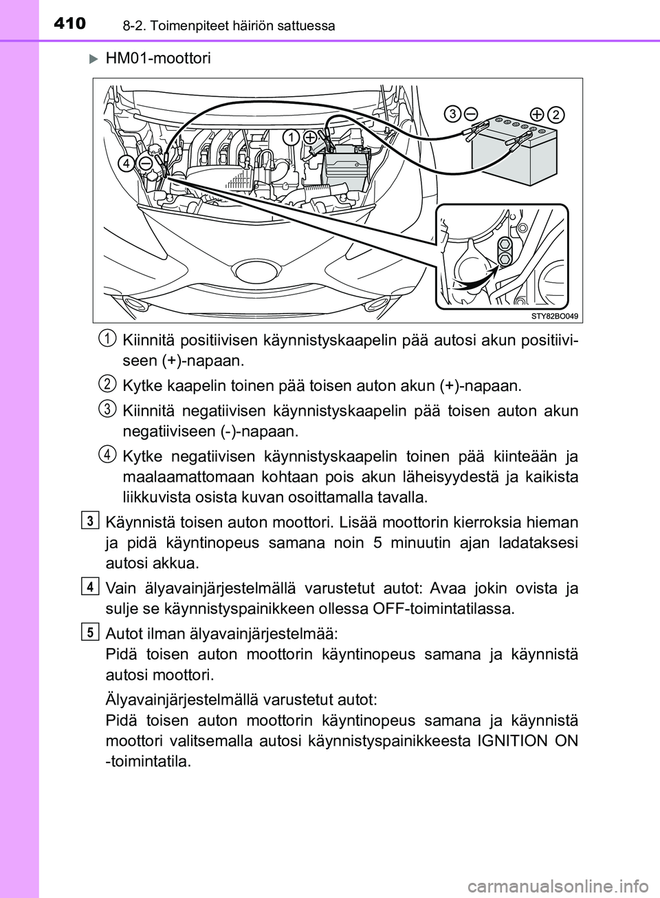 TOYOTA AYGO 2018  Omistajan Käsikirja (in Finnish) 4108-2. Toimenpiteet häiriön sattuessa
OM99R11FI
HM01-moottoriKiinnitä positiivisen kä ynnistyskaapelin pää autosi akun positiivi-
seen (+)-napaan.
Kytke kaapelin toinen pää toisen auton ak