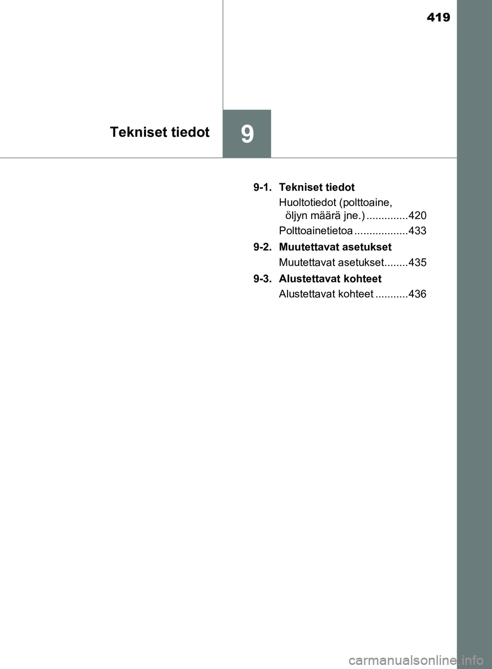 TOYOTA AYGO 2018 Omistajan Käsikirja (in Finnish) 419
9Tekniset tiedot
OM99R11FI9-1. Tekniset tiedot
Huoltotiedot (polttoaine,öljyn määrä jne.) .............. 420
Polttoainetietoa .................. 433
9-2. Muutettavat asetukset Muutettavat aset TOYOTA AYGO 2018 Omistajan Käsikirja (in Finnish) 419
9Tekniset tiedot
OM99R11FI9-1. Tekniset tiedot
Huoltotiedot (polttoaine,öljyn määrä jne.) .............. 420
Polttoainetietoa .................. 433
9-2. Muutettavat asetukset Muutettavat aset