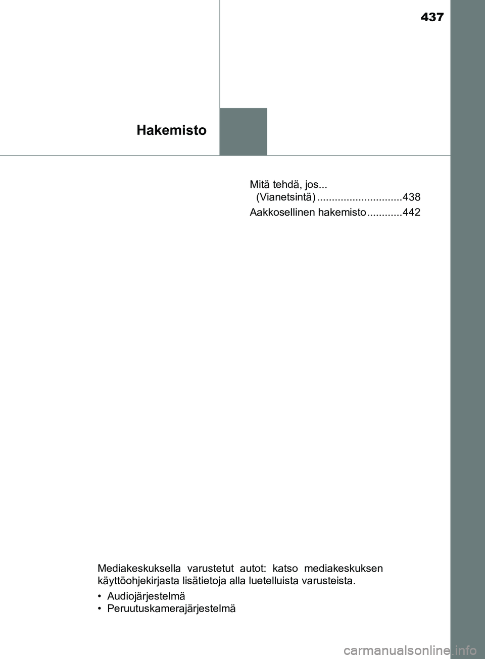 TOYOTA AYGO 2018  Omistajan Käsikirja (in Finnish) 437
Hakemisto
OM99R11FIMitä tehdä, jos...
(Vianetsintä) ............................. 438
Aakkosellinen hakemisto ............ 442
Mediakeskuksella varustetut autot: katso mediakeskuksen
käyttöoh