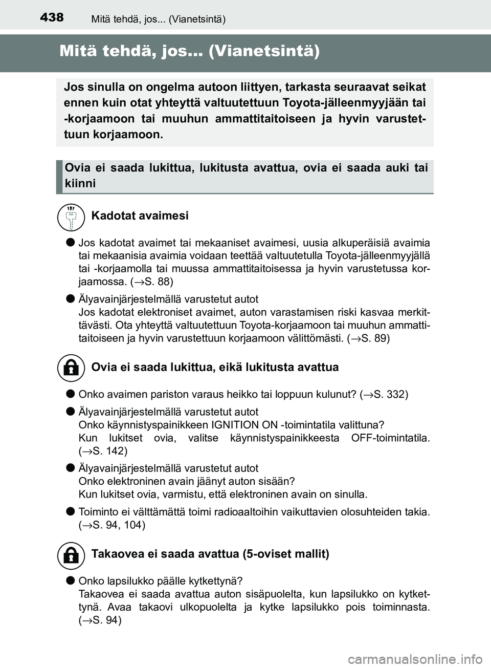 TOYOTA AYGO 2018  Omistajan Käsikirja (in Finnish) 438Mitä tehdä, jos... (Vianetsintä)
OM99R11FI
Mitä tehdä, jos... (Vianetsintä)
lJos kadotat avaimet tai mekaaniset avaimesi, uusia alkuperäisiä avaimia
tai mekaanisia avaimia voidaan teettää