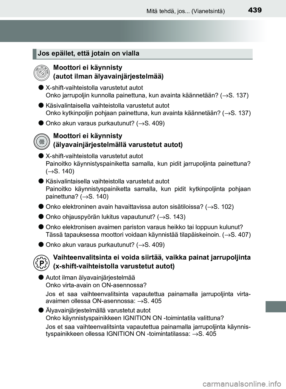 TOYOTA AYGO 2018  Omistajan Käsikirja (in Finnish) 439Mitä tehdä, jos... (Vianetsintä)
OM99R11FI
lX-shift-vaihteistolla varustetut autot
Onko jarrupoljin kunnolla painettuna, kun avainta käännetään? (→S. 137)
lKäsivalintaisella vaihteistolla
