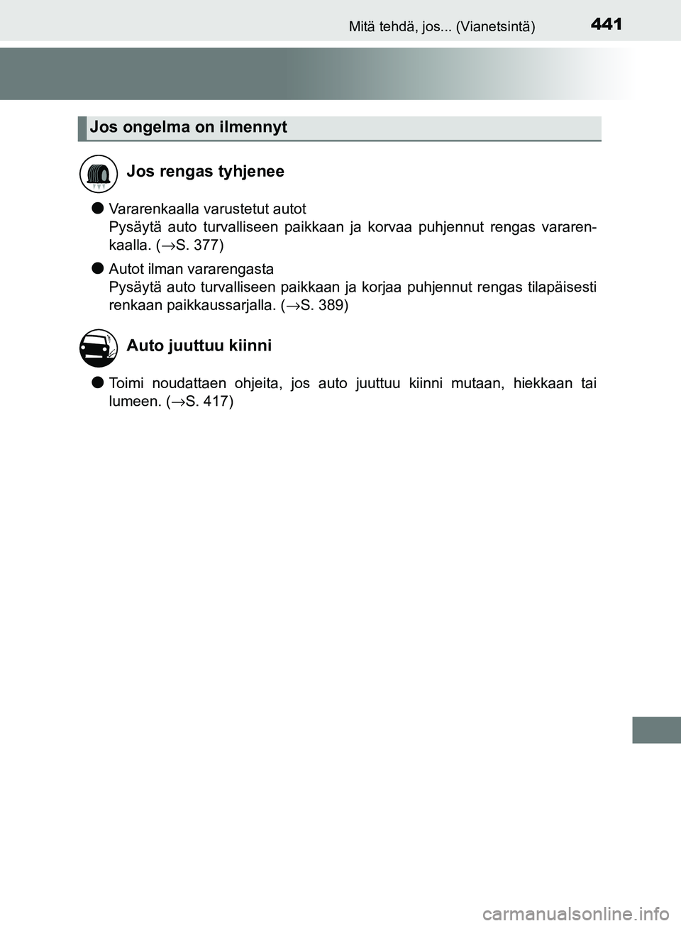 TOYOTA AYGO 2018  Omistajan Käsikirja (in Finnish) 441Mitä tehdä, jos... (Vianetsintä)
OM99R11FI
lVararenkaalla varustetut autot 
Pysäytä auto turvalliseen paikkaan ja korvaa puhjennut rengas vara\
ren-
kaalla. (→S. 377)
lAutot ilman vararengas