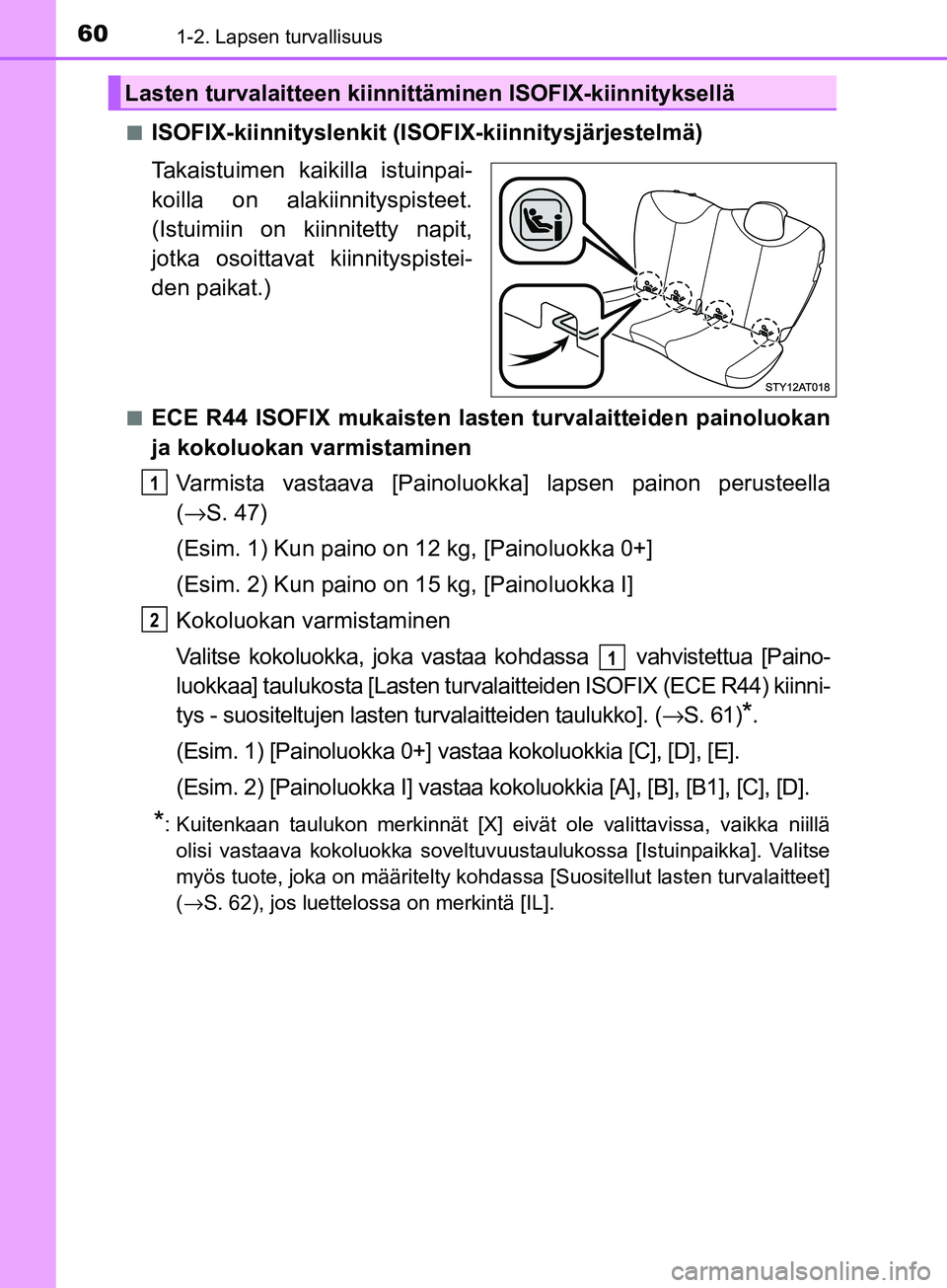 TOYOTA AYGO 2018  Omistajan Käsikirja (in Finnish) 601-2. Lapsen turvallisuus
OM99R11FIn
ISOFIX-kiinnityslenkit (ISO
FIX-kiinnitysjärjestelmä)
Takaistuimen kaikilla istuinpai-
koilla on alakiinnityspisteet.
(Istuimiin on kiinnitetty napit,
jotka oso