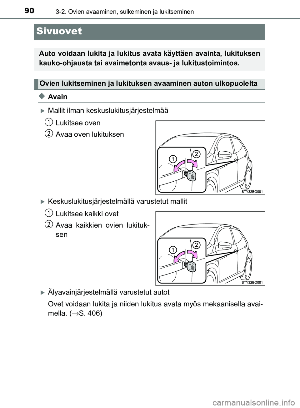 TOYOTA AYGO 2018  Omistajan Käsikirja (in Finnish) 903-2. Ovien avaaminen, sulkeminen ja lukitseminen
OM99R11FI
Sivuovet
uAvain
Mallit ilman keskuslukitusjärjestelmää
Lukitsee oven
Avaa oven lukituksen
Keskuslukitusjärjestel mällä varustet