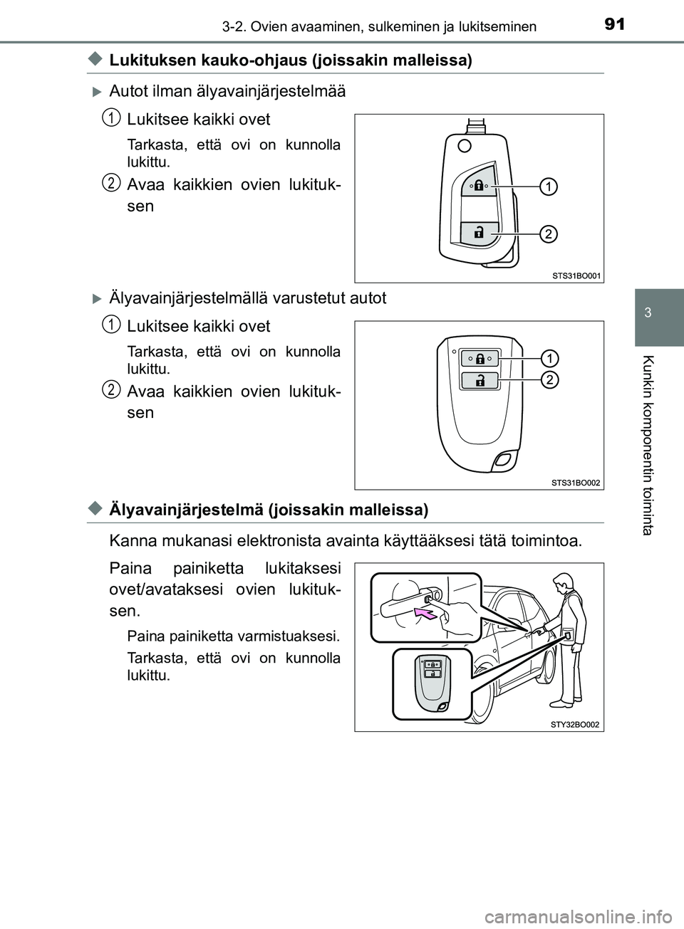 TOYOTA AYGO 2018  Omistajan Käsikirja (in Finnish) 913-2. Ovien avaaminen, sulkeminen ja lukitseminen
3
Kunkin komponentin toiminta
OM99R11FI
uLukituksen kauko-ohjaus (joissakin malleissa)
Autot ilman älyavainjärjestelmää
Lukitsee kaikki ovet
T