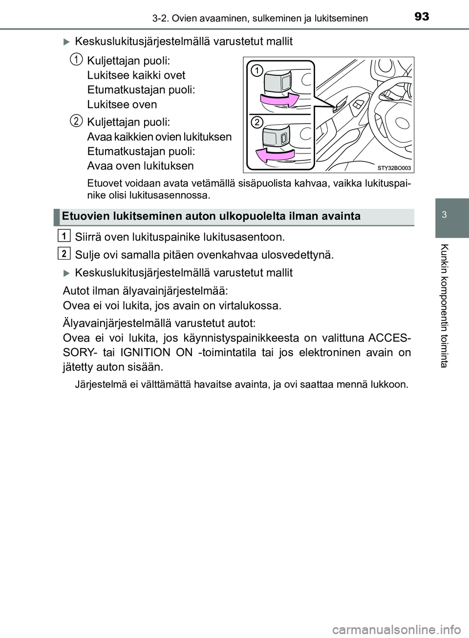 TOYOTA AYGO 2018  Omistajan Käsikirja (in Finnish) 933-2. Ovien avaaminen, sulkeminen ja lukitseminen
3
Kunkin komponentin toiminta
OM99R11FI
Keskuslukitusjärjestelmällä varustetut mallit
Kuljettajan puoli: 
Lukitsee kaikki ovet 
Etumatkustajan 
