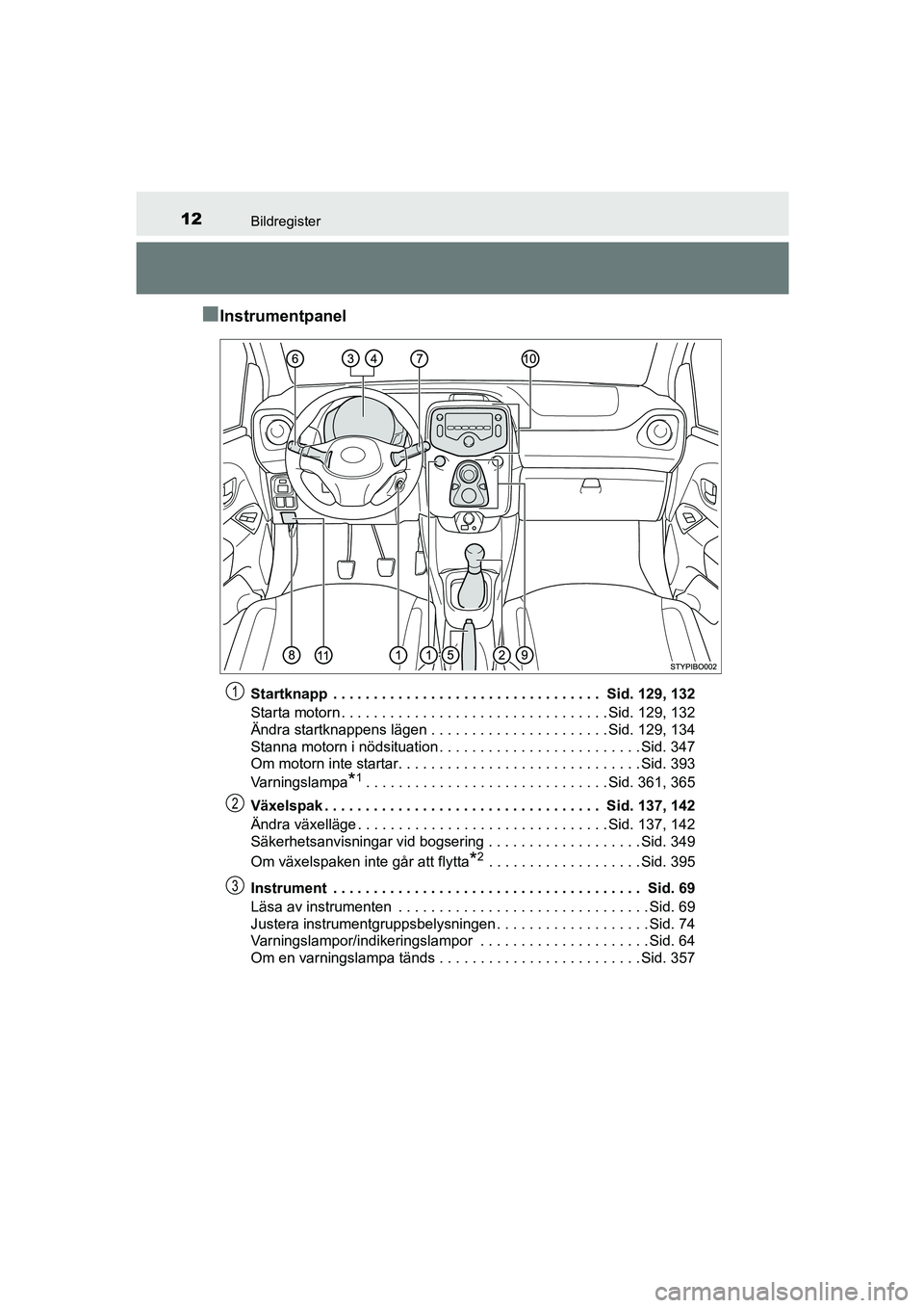 TOYOTA AYGO 2018  Bruksanvisningar (in Swedish) 12Bildregister
OM99R11SE
nInstrumentpanel
Startknapp  . . . . . . . . . . . . . . . . . . . . . . . . . . . . . . . . .  Sid. 129, 132
Starta motorn . . . . . . . . . . . . . . . . . . . . . . . . . .