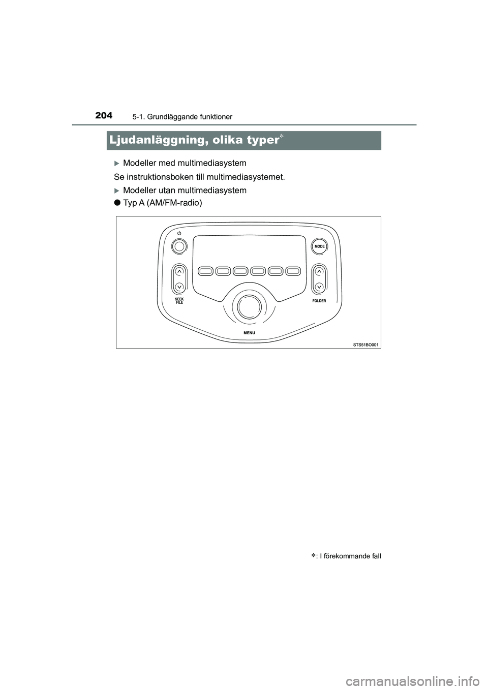 TOYOTA AYGO 2018 Bruksanvisningar (in Swedish) 2045-1. Grundläggande funktioner
OM99R11SE
Ljudanläggning, olika typer∗
Modeller med multimediasystem
Se instruktionsboken till multimediasystemet.
Modeller utan multimediasystem
l Typ A (A TOYOTA AYGO 2018 Bruksanvisningar (in Swedish) 2045-1. Grundläggande funktioner
OM99R11SE
Ljudanläggning, olika typer∗
Modeller med multimediasystem
Se instruktionsboken till multimediasystemet.
Modeller utan multimediasystem
l Typ A (A