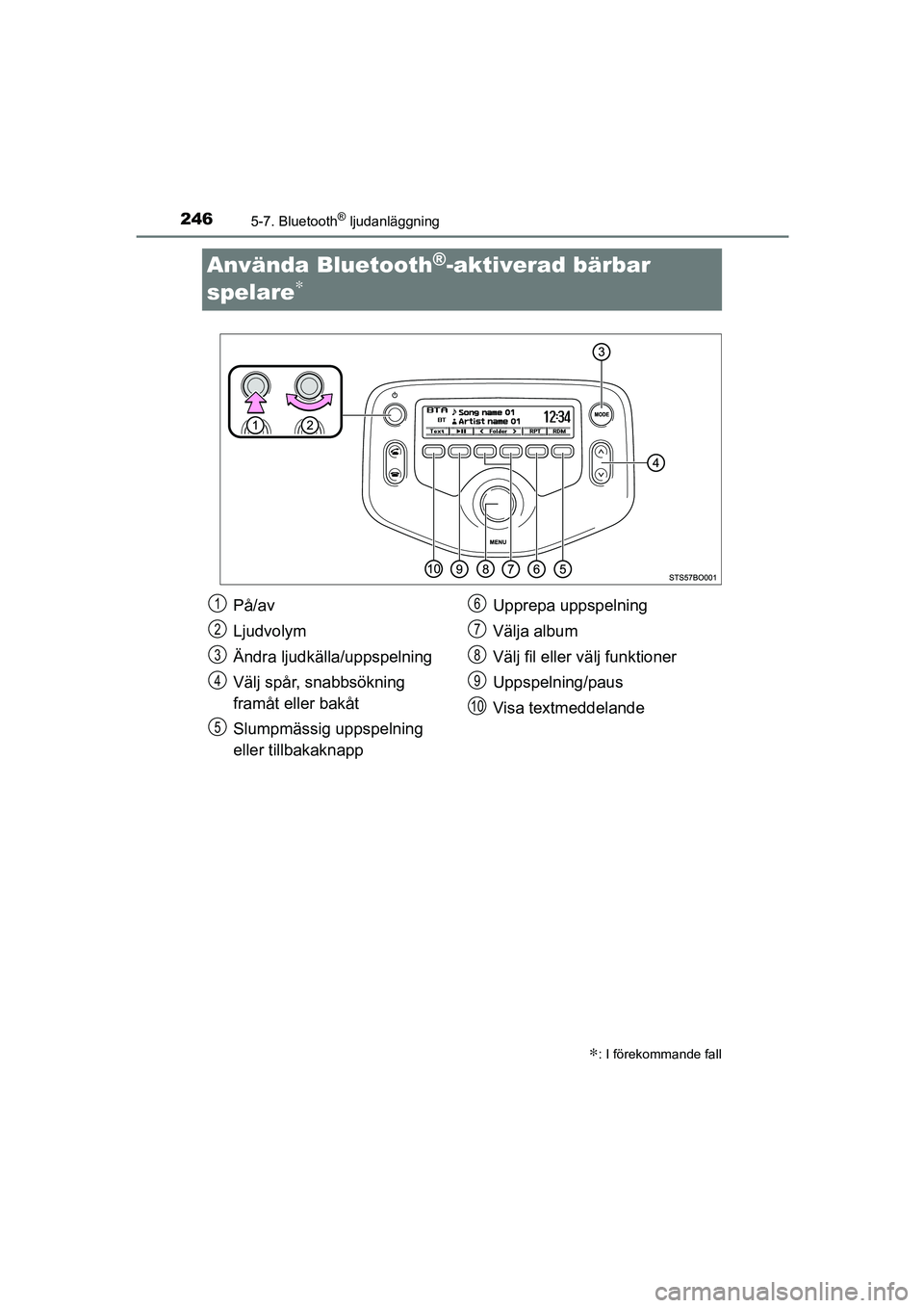 TOYOTA AYGO 2018 Bruksanvisningar (in Swedish) 2465-7. Bluetooth® ljudanläggning
OM99R11SE
Använda Bluetooth®-aktiverad bärbar
spelare
∗
∗: I förekommande fall
På/av
Ljudvolym
Ändra ljudkälla/uppspelning
Välj spår, snabbsökning
f TOYOTA AYGO 2018 Bruksanvisningar (in Swedish) 2465-7. Bluetooth® ljudanläggning
OM99R11SE
Använda Bluetooth®-aktiverad bärbar
spelare
∗
∗: I förekommande fall
På/av
Ljudvolym
Ändra ljudkälla/uppspelning
Välj spår, snabbsökning
f