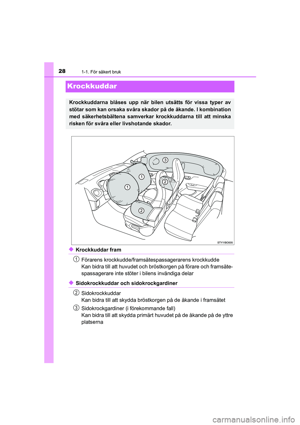 TOYOTA AYGO 2018 Bruksanvisningar (in Swedish) 281-1. För säkert bruk
OM99R11SE
Krockkuddar
uKrockkuddar framFörarens krockkudde/framsät espassagerarens krockkudde
Kan bidra till att huvudet och brös tkorgen på förare och framsäte-
spassag TOYOTA AYGO 2018 Bruksanvisningar (in Swedish) 281-1. För säkert bruk
OM99R11SE
Krockkuddar
uKrockkuddar framFörarens krockkudde/framsät espassagerarens krockkudde
Kan bidra till att huvudet och brös tkorgen på förare och framsäte-
spassag