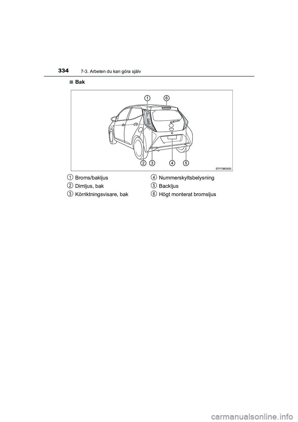 TOYOTA AYGO 2018  Bruksanvisningar (in Swedish) 3347-3. Arbeten du kan göra själv
OM99R11SEn
Bak
Broms/bakljus
Dimljus, bak
Körriktningsvisare, bak
Nummerskyltsbelysning
Backljus
Högt monterat bromsljus1
2
3
4
5
6
OM99R11SE.book  Page 334  Thur