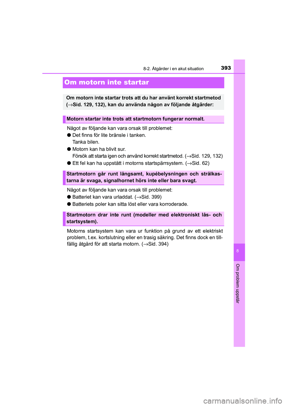 TOYOTA AYGO 2018 Bruksanvisningar (in Swedish) 3938-2. Åtgärder i en akut situation
8
Om problem uppstår
OM99R11SE
Om motorn inte startar
Något av följande kan vara orsak till problemet:
l Det finns för lite bränsle i tanken.
Tanka bilen.
TOYOTA AYGO 2018 Bruksanvisningar (in Swedish) 3938-2. Åtgärder i en akut situation
8
Om problem uppstår
OM99R11SE
Om motorn inte startar
Något av följande kan vara orsak till problemet:
l Det finns för lite bränsle i tanken.
Tanka bilen.