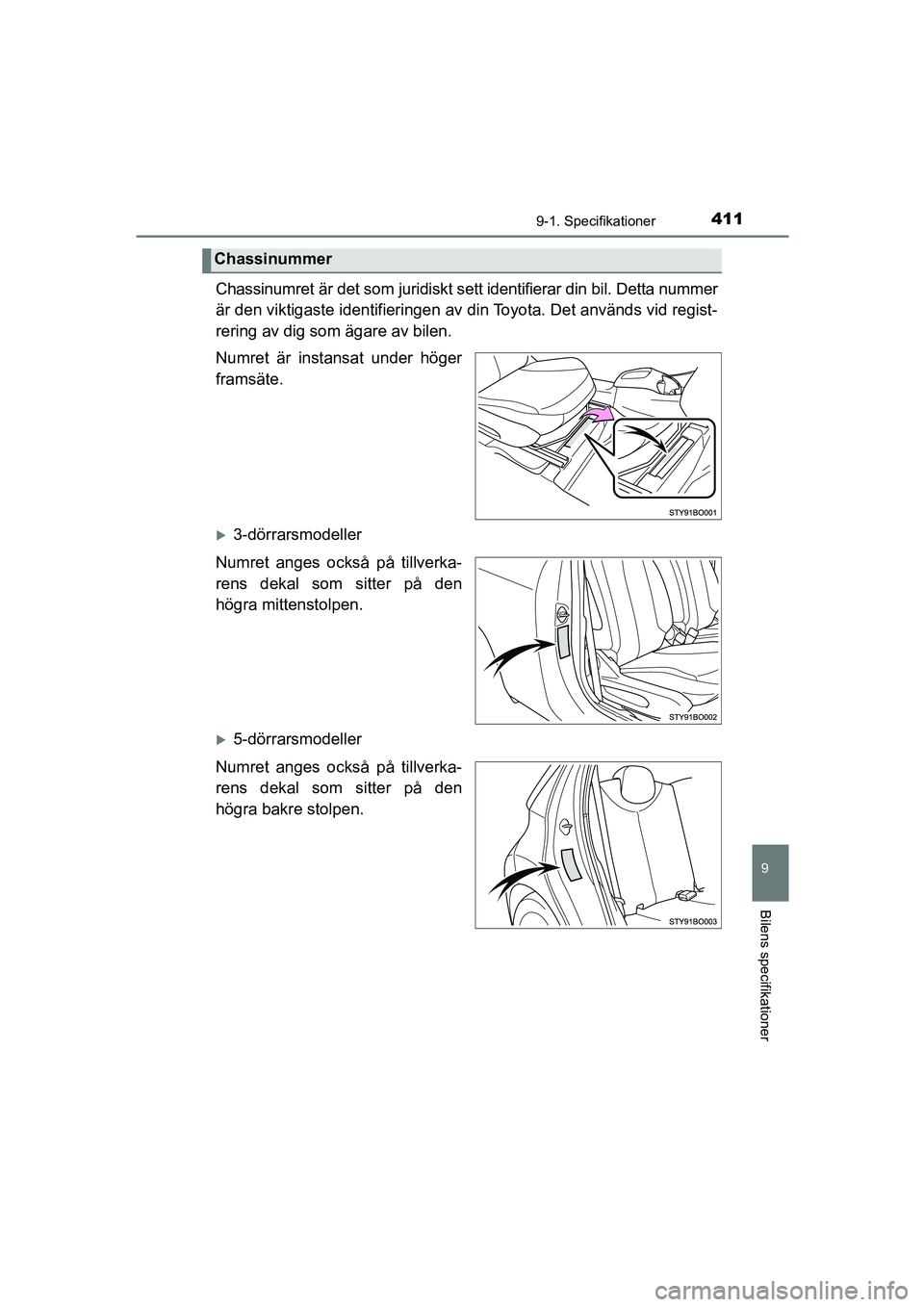 TOYOTA AYGO 2018 Bruksanvisningar (in Swedish) 4119-1. Specifikationer
9
Bilens specifikationer
OM99R11SE
Chassinumret är det som juridiskt sett identifierar din bil. Detta nummer
är den viktigaste identifieringen av din Toyota. Det används vid TOYOTA AYGO 2018 Bruksanvisningar (in Swedish) 4119-1. Specifikationer
9
Bilens specifikationer
OM99R11SE
Chassinumret är det som juridiskt sett identifierar din bil. Detta nummer
är den viktigaste identifieringen av din Toyota. Det används vid