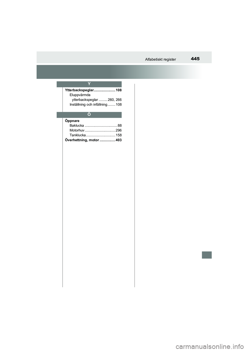 TOYOTA AYGO 2018  Bruksanvisningar (in Swedish) 445Alfabetiskt register
OM99R11SE
Ytterbackspeglar...................... 108Eluppvärmda 
ytterbackspeglar ......... 260, 266
Inställning och infällning ........ 108
Öppnare Baklucka ..............
