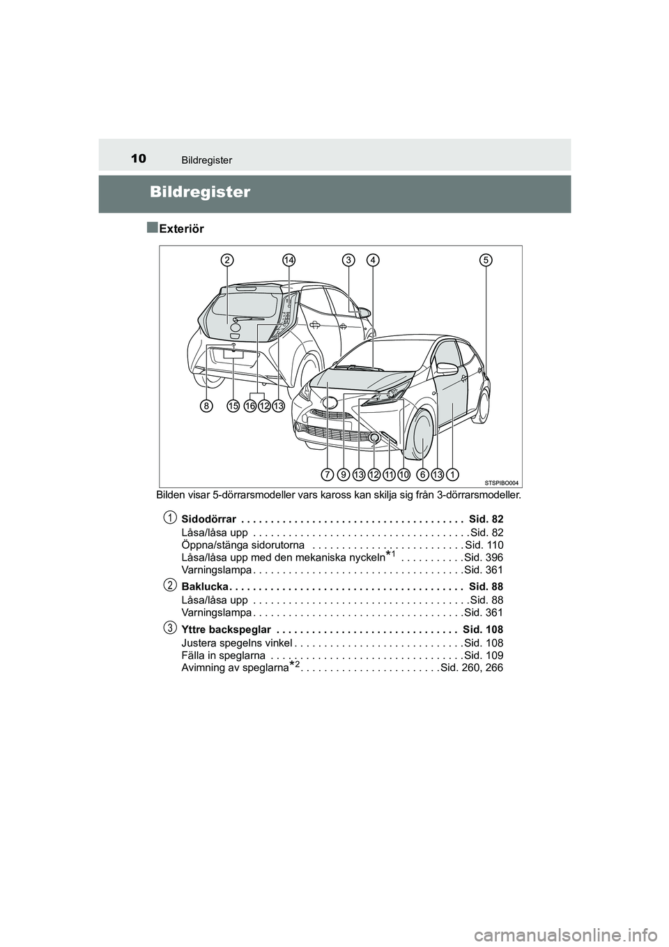 TOYOTA AYGO 2018  Bruksanvisningar (in Swedish) 10Bildregister
OM99R11SE
Bildregister
n
Exteriör
Bilden visar 5-dörrarsmodeller vars karo ss kan skilja sig från 3-dörrarsmodeller.
Sidodörrar  . . . . . . . . . . . . . . . . . . . . . . . . . .