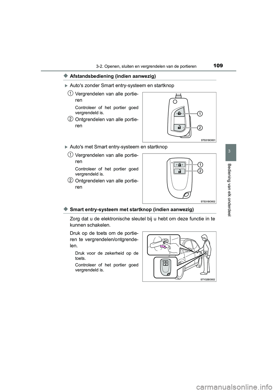 TOYOTA AYGO 2018  Instructieboekje (in Dutch) 1093-2. Openen, sluiten en vergrendelen van de portieren
3
Bediening van elk onderdeel
AYGO_OM_Europe_OM99R11E
◆Afstandsbediening (indien aanwezig)
Auto's zonder Smart entry-systeem en startk