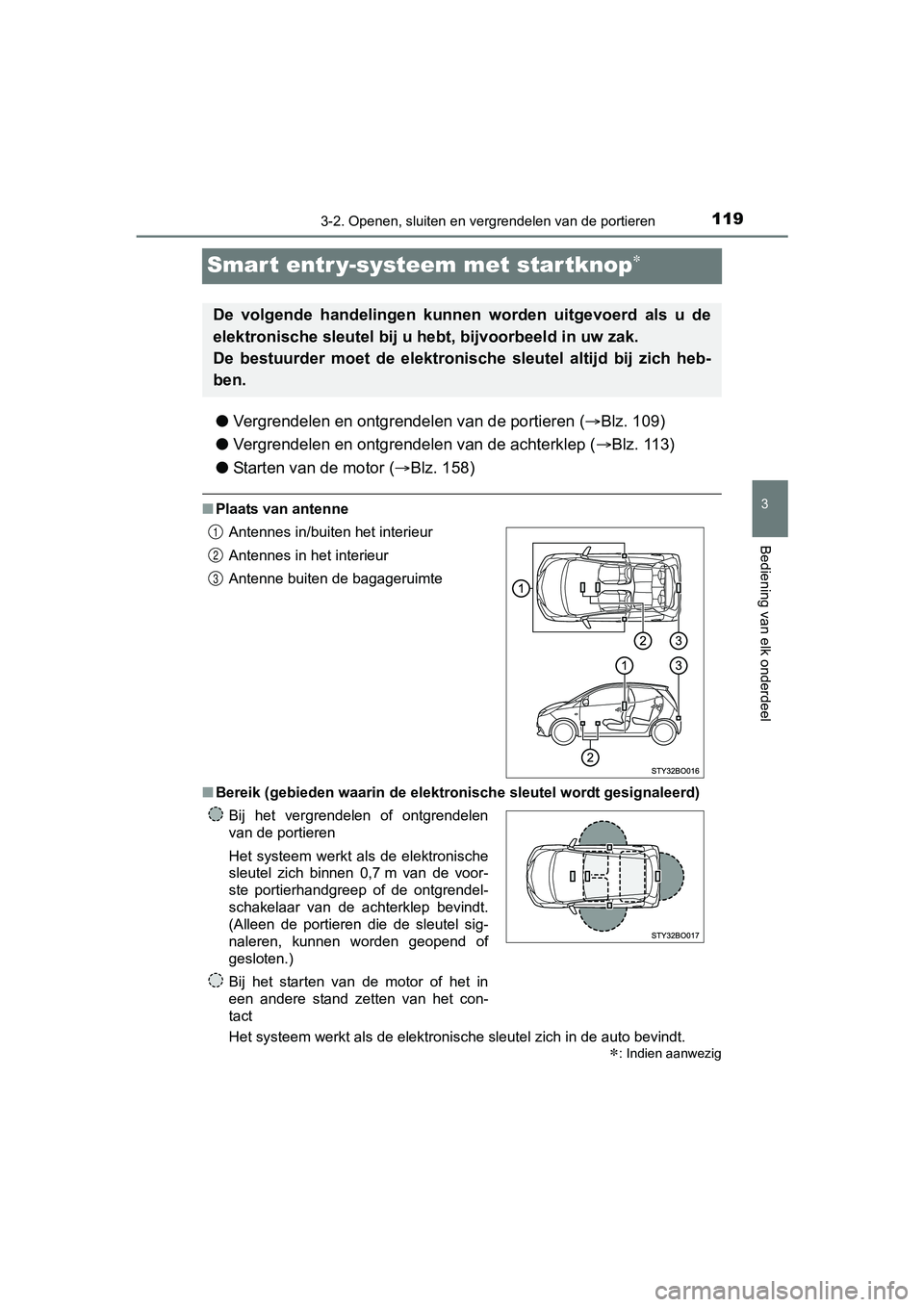 TOYOTA AYGO 2018  Instructieboekje (in Dutch) 119
3
3-2. Openen, sluiten en vergrendelen van de portieren
Bediening van elk onderdeel
AYGO_OM_Europe_OM99R11E
Smart entr y-systeem met startknop
●Vergrendelen en ontgrendelen van de portieren (