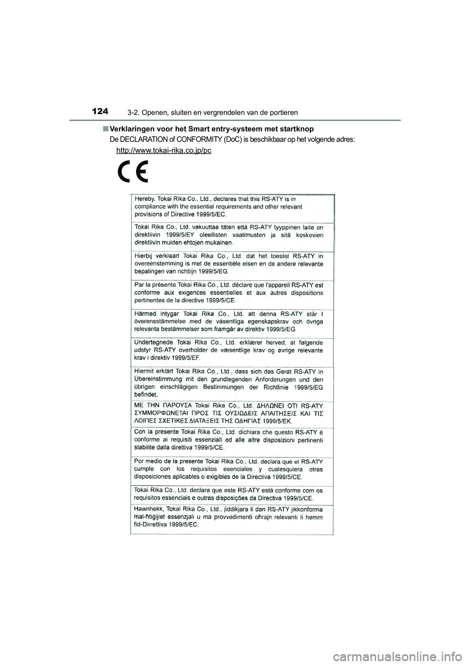 TOYOTA AYGO 2018 Instructieboekje (in Dutch) 1243-2. Openen, sluiten en vergrendelen van de portieren
AYGO_OM_Europe_OM99R11E■
Verklaringen voor het Smart entry-systeem met startknop
De DECLARATION of CONFORMITY (DoC) is beschikbaar op het vol TOYOTA AYGO 2018 Instructieboekje (in Dutch) 1243-2. Openen, sluiten en vergrendelen van de portieren
AYGO_OM_Europe_OM99R11E■
Verklaringen voor het Smart entry-systeem met startknop
De DECLARATION of CONFORMITY (DoC) is beschikbaar op het vol