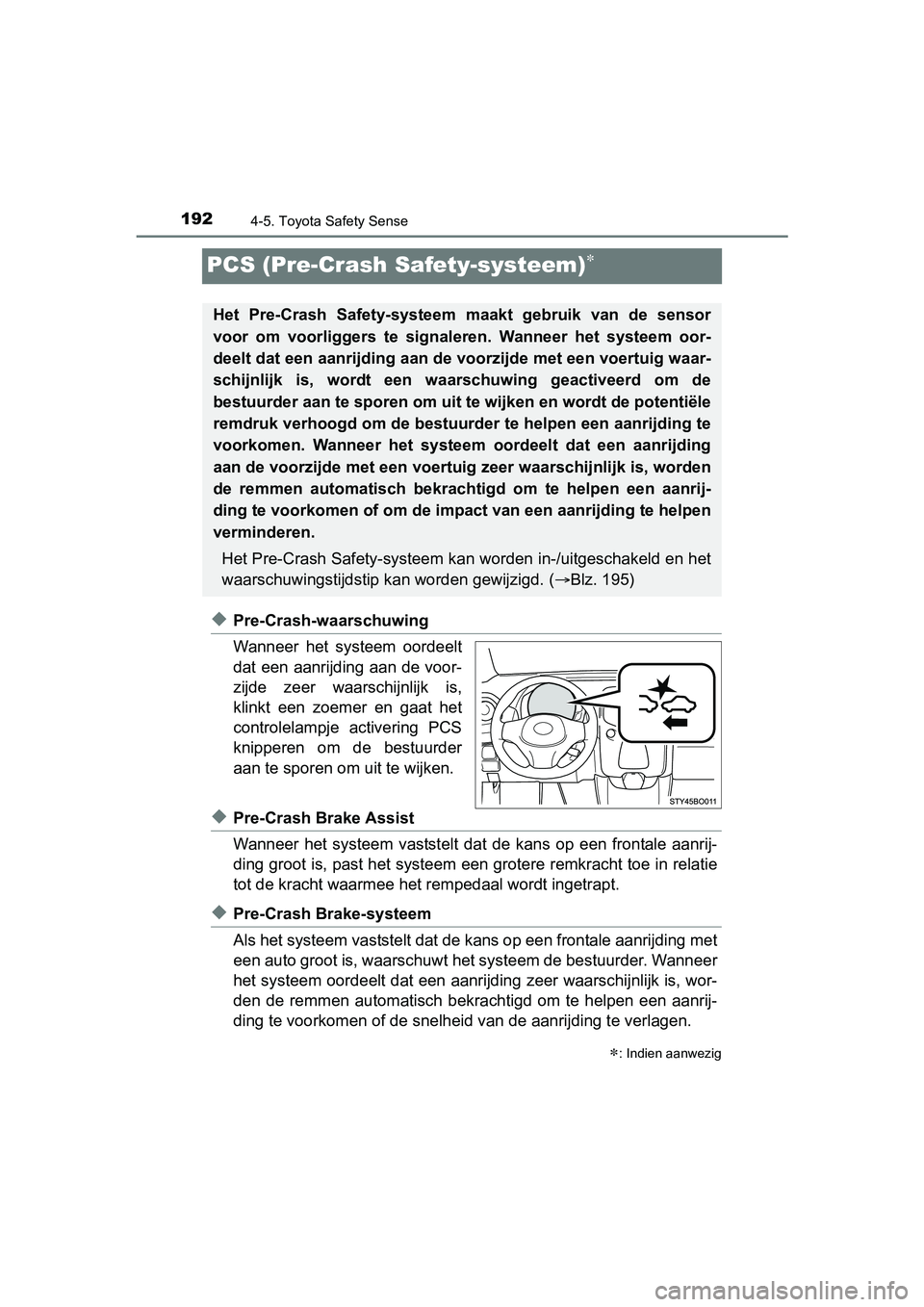 TOYOTA AYGO 2018 Instructieboekje (in Dutch) 1924-5. Toyota Safety Sense
AYGO_OM_Europe_OM99R11E
PCS (Pre-Crash Safety-systeem)
◆Pre-Crash-waarschuwing
Wanneer het systeem oordeelt
dat een aanrijding aan de voor-
zijde zeer waarschijnl TOYOTA AYGO 2018 Instructieboekje (in Dutch) 1924-5. Toyota Safety Sense
AYGO_OM_Europe_OM99R11E
PCS (Pre-Crash Safety-systeem)
◆Pre-Crash-waarschuwing
Wanneer het systeem oordeelt
dat een aanrijding aan de voor-
zijde zeer waarschijnl