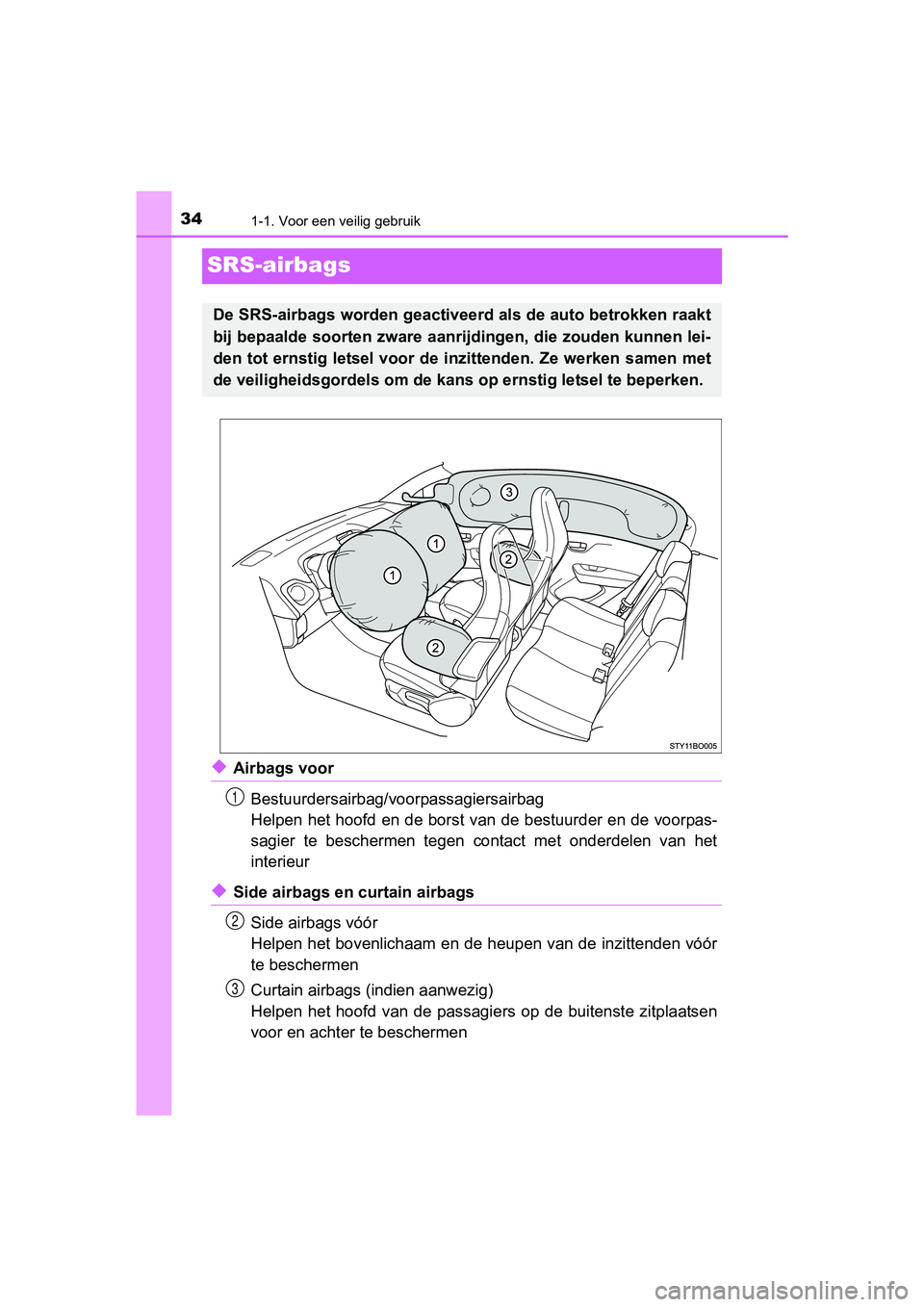 TOYOTA AYGO 2018 Instructieboekje (in Dutch) 341-1. Voor een veilig gebruik
AYGO_OM_Europe_OM99R11E
SRS-airbags
◆Airbags voorBestuurdersairbag/voorpassagiersairbag
Helpen het hoofd en de borst van de bestuurder en de voorpas-
sagier te besch TOYOTA AYGO 2018 Instructieboekje (in Dutch) 341-1. Voor een veilig gebruik
AYGO_OM_Europe_OM99R11E
SRS-airbags
◆Airbags voorBestuurdersairbag/voorpassagiersairbag
Helpen het hoofd en de borst van de bestuurder en de voorpas-
sagier te besch