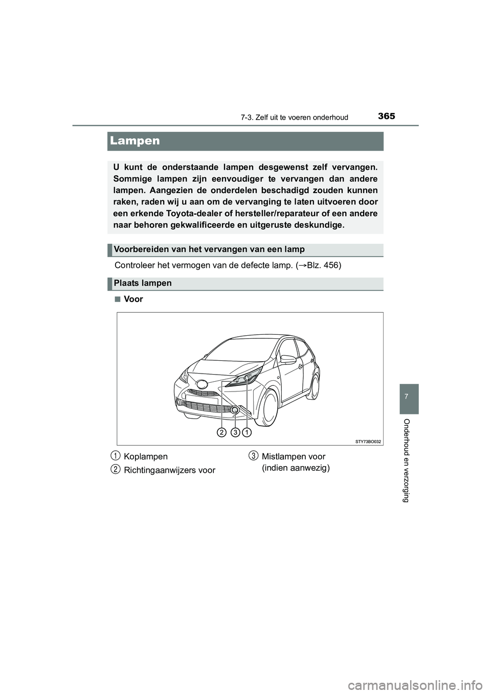 TOYOTA AYGO 2018 Instructieboekje (in Dutch) 3657-3. Zelf uit te voeren onderhoud
7
Onderhoud en verzorging
AYGO_OM_Europe_OM99R11E
Lampen
Controleer het vermogen van de defecte lamp. (Blz. 456)
■Voor
U kunt de onderstaande lampen des TOYOTA AYGO 2018 Instructieboekje (in Dutch) 3657-3. Zelf uit te voeren onderhoud
7
Onderhoud en verzorging
AYGO_OM_Europe_OM99R11E
Lampen
Controleer het vermogen van de defecte lamp. (Blz. 456)
■Voor
U kunt de onderstaande lampen des