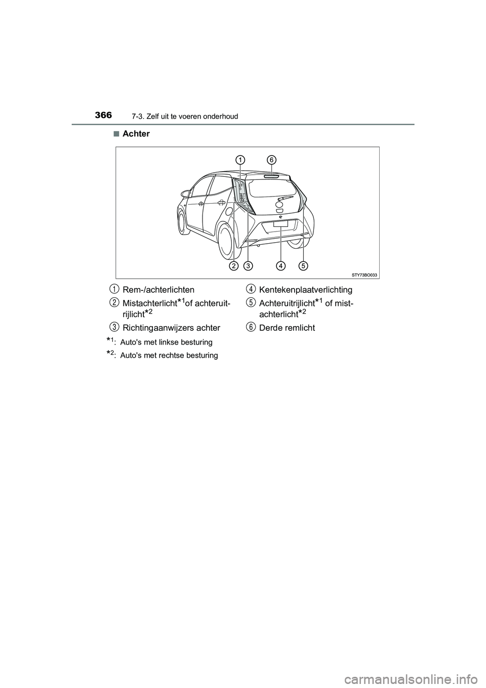 TOYOTA AYGO 2018 Instructieboekje (in Dutch) 3667-3. Zelf uit te voeren onderhoud
AYGO_OM_Europe_OM99R11E■
Achter
*1: Auto's met linkse besturing
*2: Auto's met rechtse besturing
Rem-/achterlichten
Mistachterlicht
*1of achteruit-
rijli TOYOTA AYGO 2018 Instructieboekje (in Dutch) 3667-3. Zelf uit te voeren onderhoud
AYGO_OM_Europe_OM99R11E■
Achter
*1: Auto's met linkse besturing
*2: Auto's met rechtse besturing
Rem-/achterlichten
Mistachterlicht
*1of achteruit-
rijli