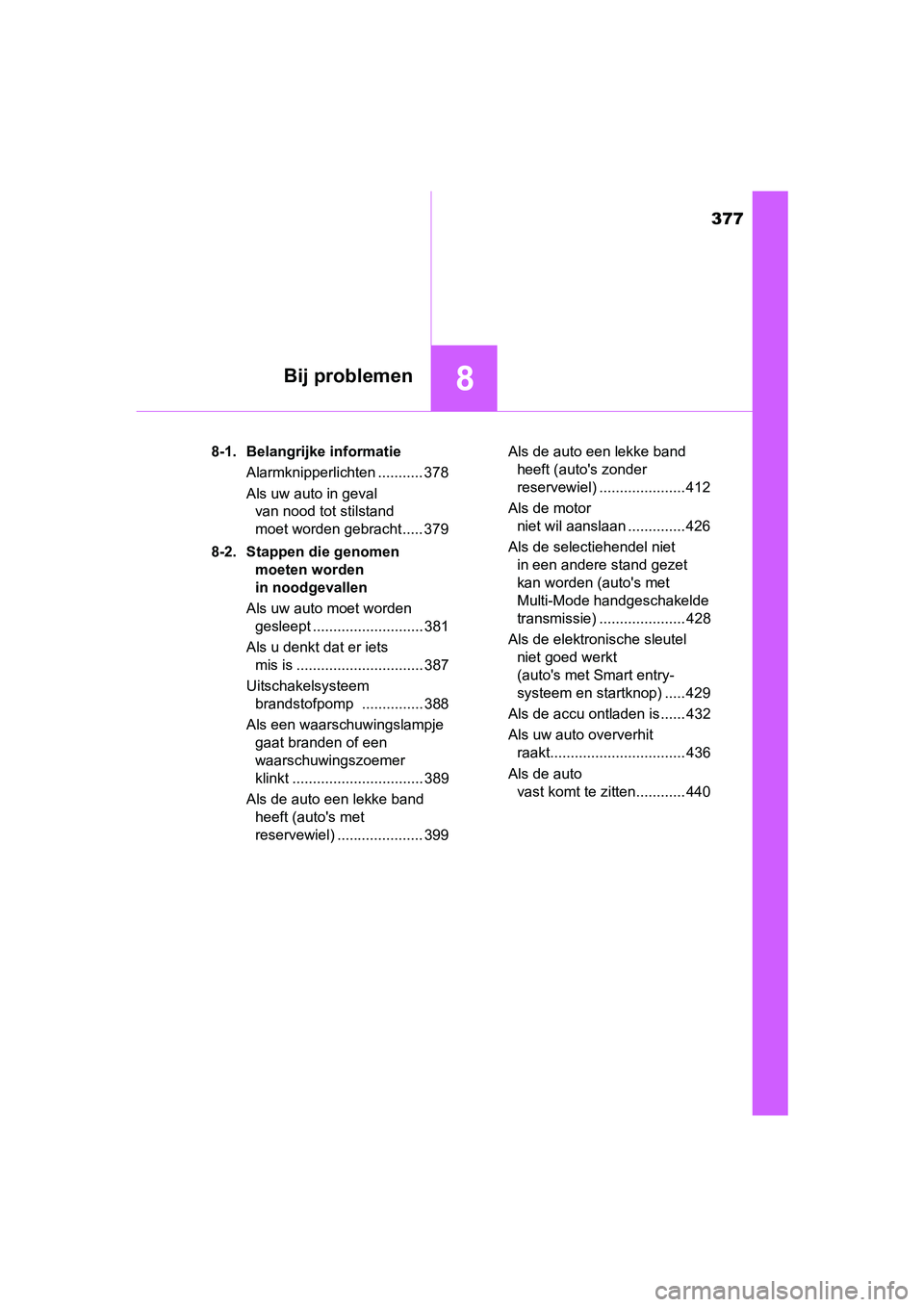TOYOTA AYGO 2018 Instructieboekje (in Dutch) 377
8Bij problemen
AYGO_OM_Europe_OM99R11E8-1. Belangrijke informatie
Alarmknipperlichten ........... 378
Als uw auto in geval van nood tot stilstand
moet worden gebracht ..... 379
8-2. Stappen die g TOYOTA AYGO 2018 Instructieboekje (in Dutch) 377
8Bij problemen
AYGO_OM_Europe_OM99R11E8-1. Belangrijke informatie
Alarmknipperlichten ........... 378
Als uw auto in geval van nood tot stilstand
moet worden gebracht ..... 379
8-2. Stappen die g