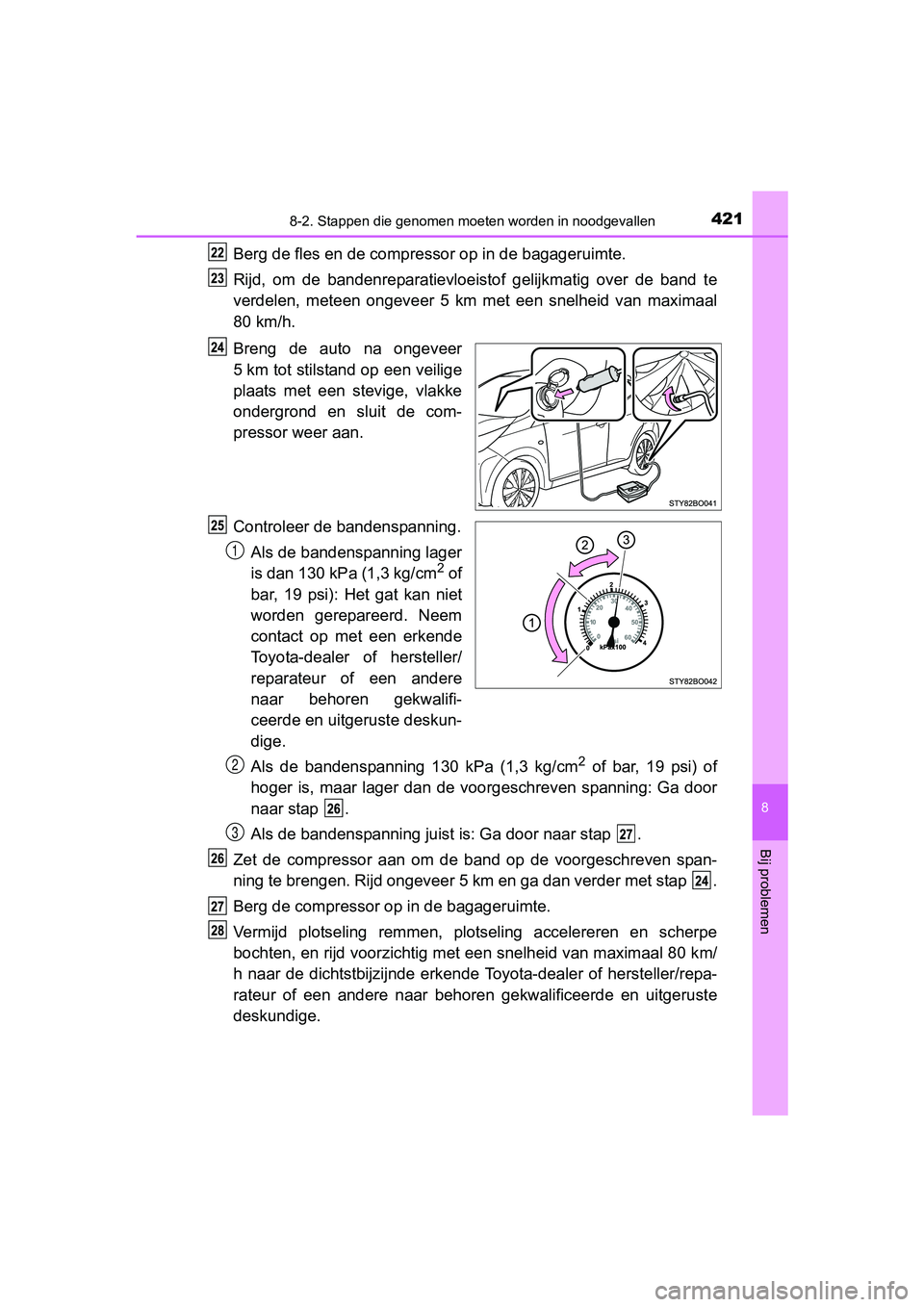TOYOTA AYGO 2018  Instructieboekje (in Dutch) 4218-2. Stappen die genomen moeten worden in noodgevallen
8
Bij problemen
AYGO_OM_Europe_OM99R11E
Berg de fles en de compre ssor op in de bagageruimte.
Rijd,  om  de  bandenreparatievloeistof  gelijkm