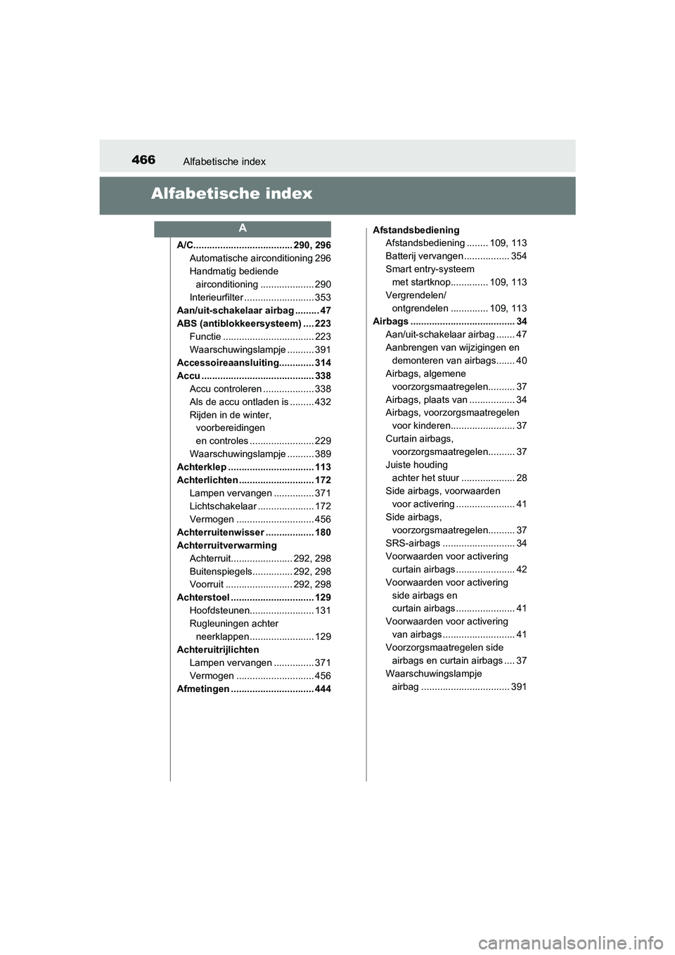 TOYOTA AYGO 2018  Instructieboekje (in Dutch) 466Alfabetische index
AYGO_OM_Europe_OM99R11E
Alfabetische index
A/C..................................... 290, 296Automatische airconditioning 296
Handmatig bediende 
airconditioning .................