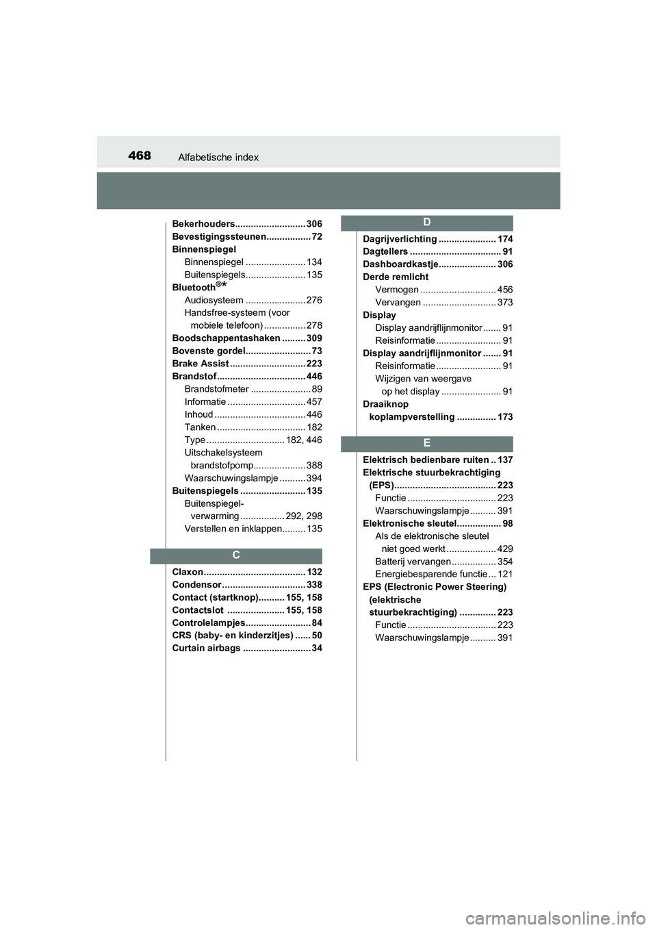 TOYOTA AYGO 2018  Instructieboekje (in Dutch) 468Alfabetische index
AYGO_OM_Europe_OM99R11E
Bekerhouders........................... 306
Bevestigingssteunen................. 72
BinnenspiegelBinnenspiegel ....................... 134
Buitenspiegels.