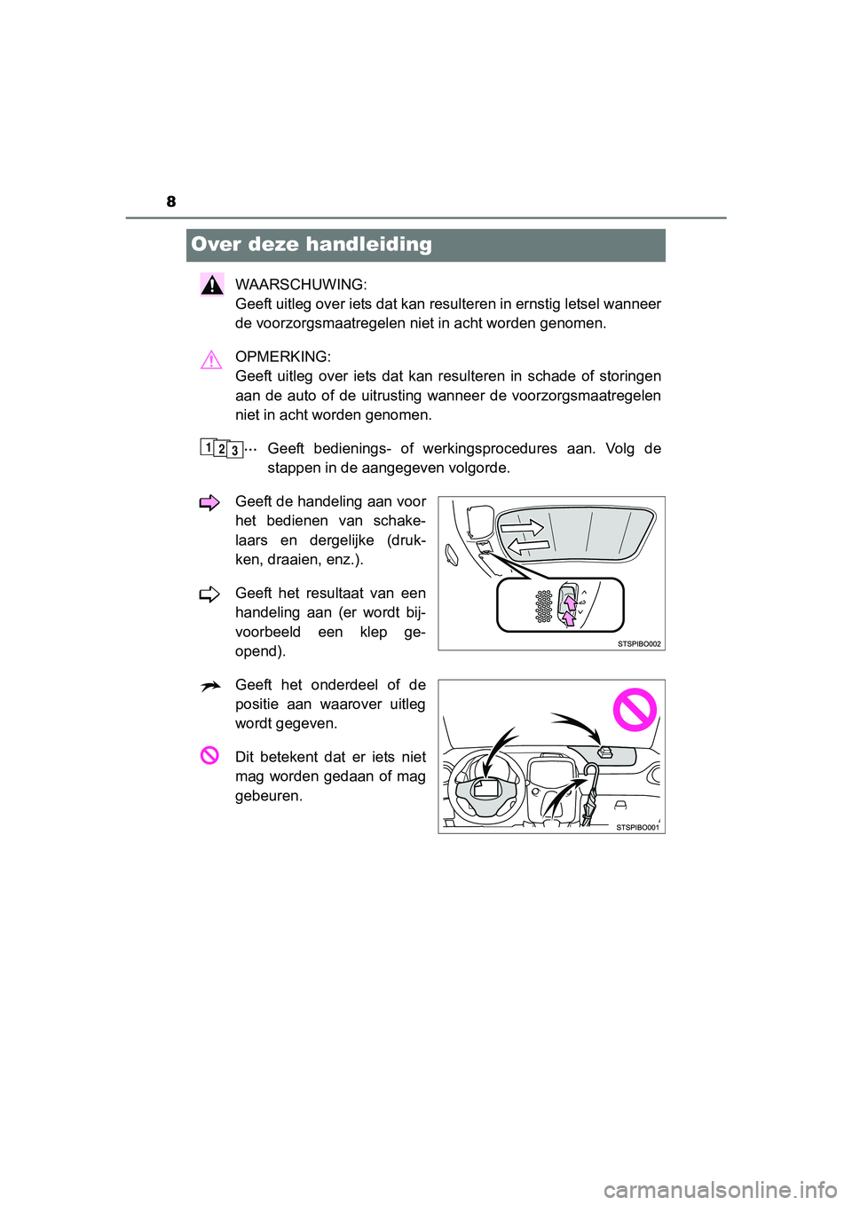 TOYOTA AYGO 2018  Instructieboekje (in Dutch) 8
AYGO_OM_Europe_OM99R11E
Over deze handleiding
WAARSCHUWING: 
Geeft uitleg over iets dat kan resulteren in ernstig letsel wanneer
de voorzorgsmaatregelen niet in acht worden genomen.
OPMERKING: 
Geef