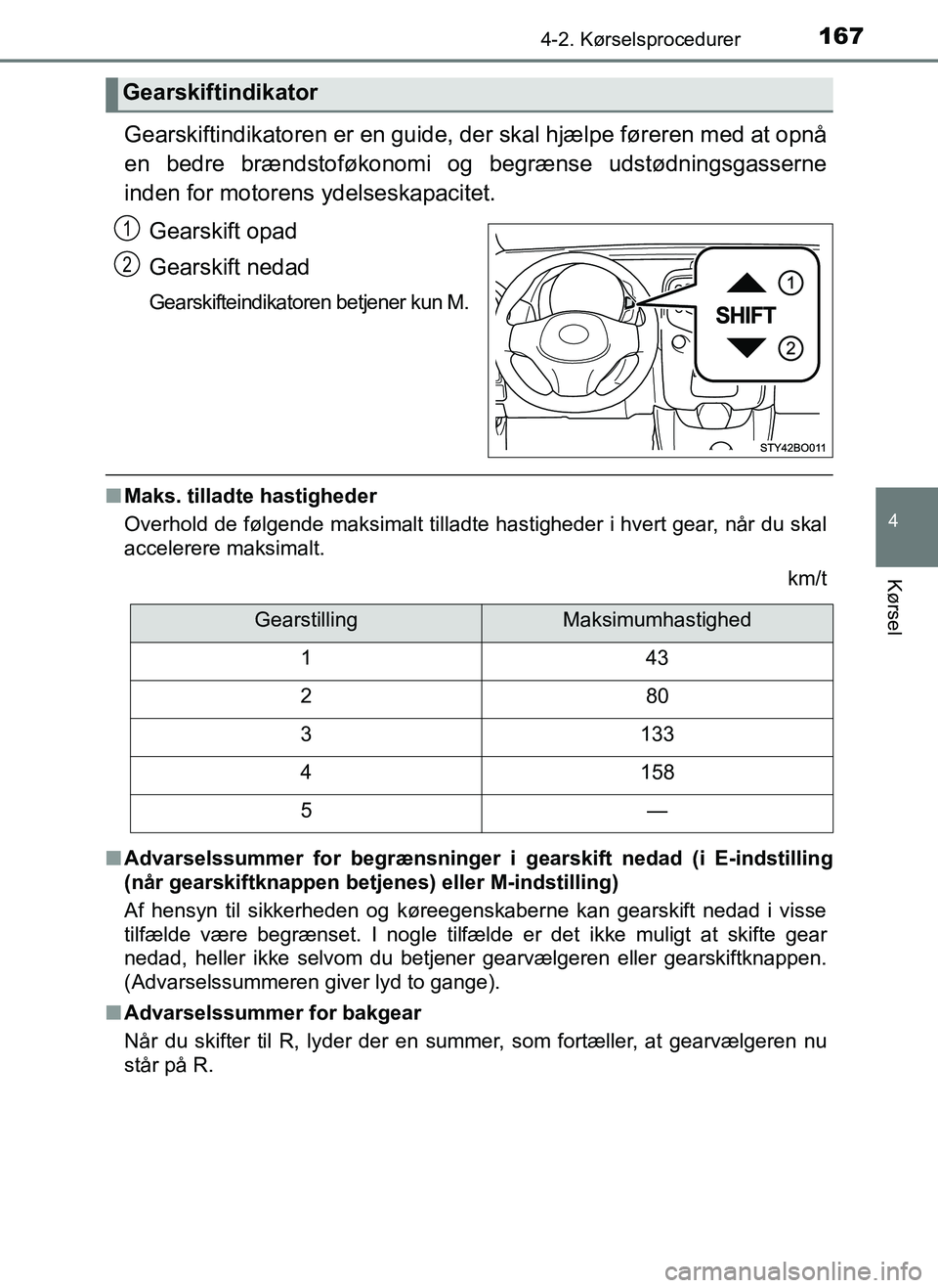 TOYOTA AYGO 2018 Brugsanvisning (in Danish) 1674-2. Kørselsprocedurer
4
Kørsel
OM99R11DK
Gearskiftindikatoren er en guide, der skal hjælpe føreren med at opnå
en bedre brændstoføkonomi og begrænse udstødningsgasserne
inden for motorens TOYOTA AYGO 2018 Brugsanvisning (in Danish) 1674-2. Kørselsprocedurer
4
Kørsel
OM99R11DK
Gearskiftindikatoren er en guide, der skal hjælpe føreren med at opnå
en bedre brændstoføkonomi og begrænse udstødningsgasserne
inden for motorens