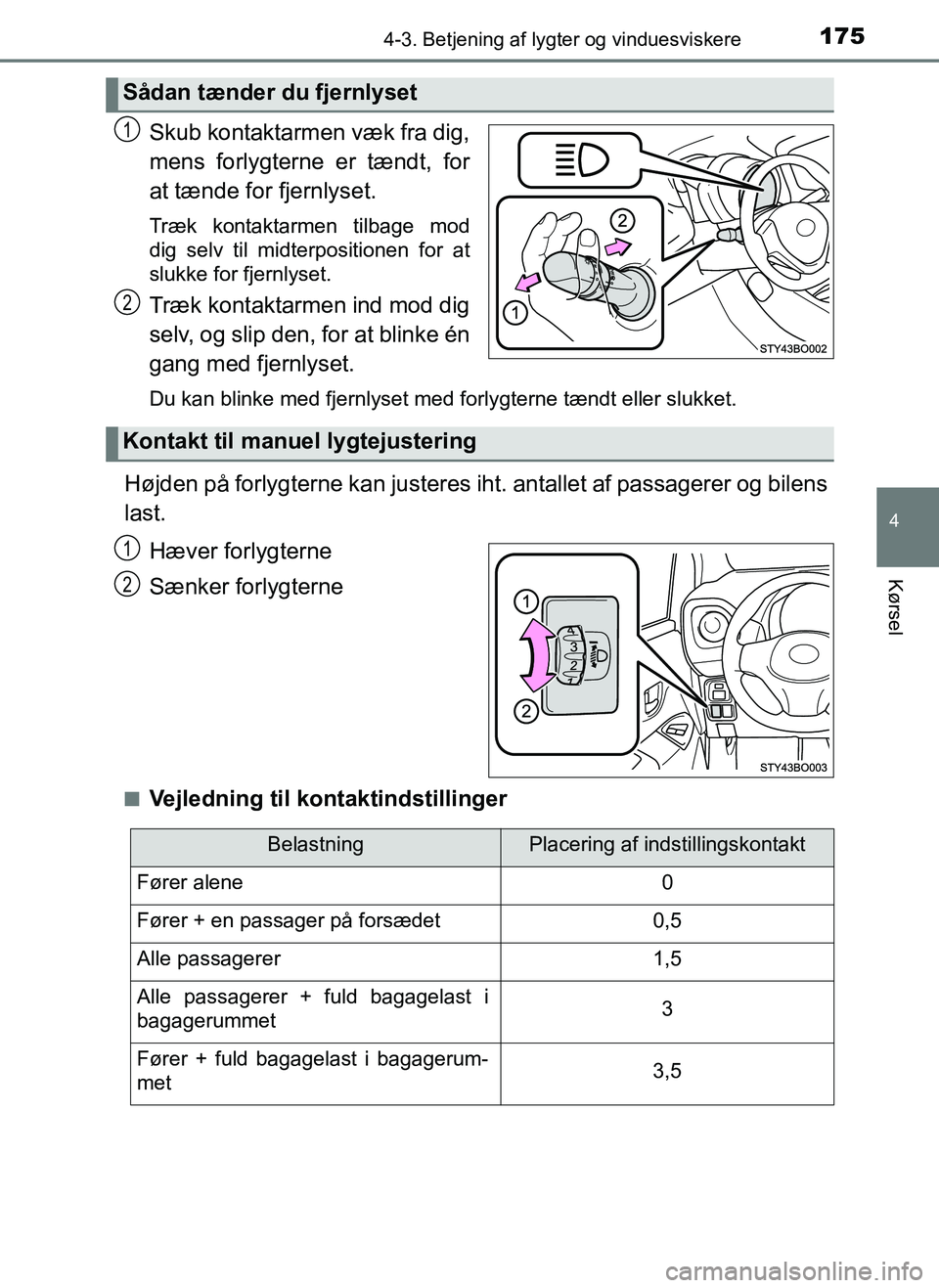 TOYOTA AYGO 2018 Brugsanvisning (in Danish) 1754-3. Betjening af lygter og vinduesviskere
4
Kørsel
OM99R11DK
Skub kontaktarmen væk fra dig,
mens forlygterne er tændt, for
at tænde for fjernlyset.
Træk kontaktarmen tilbage mod
dig selv ti TOYOTA AYGO 2018 Brugsanvisning (in Danish) 1754-3. Betjening af lygter og vinduesviskere
4
Kørsel
OM99R11DK
Skub kontaktarmen væk fra dig,
mens forlygterne er tændt, for
at tænde for fjernlyset.
Træk kontaktarmen tilbage mod
dig selv ti