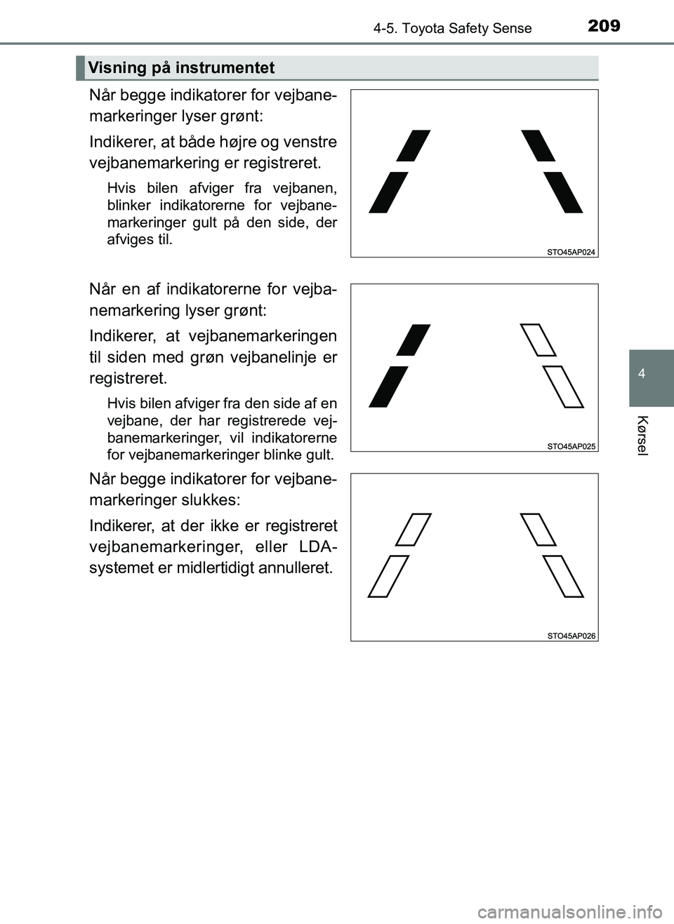 TOYOTA AYGO 2018 Brugsanvisning (in Danish) 2094-5. Toyota Safety Sense
4
Kørsel
OM99R11DK
Når begge indikatorer for vejbane-
markeringer lyser grønt:
Indikerer, at både højre og venstre
vejbanemarkering er registreret.
Hvis bilen afviger TOYOTA AYGO 2018 Brugsanvisning (in Danish) 2094-5. Toyota Safety Sense
4
Kørsel
OM99R11DK
Når begge indikatorer for vejbane-
markeringer lyser grønt:
Indikerer, at både højre og venstre
vejbanemarkering er registreret.
Hvis bilen afviger
