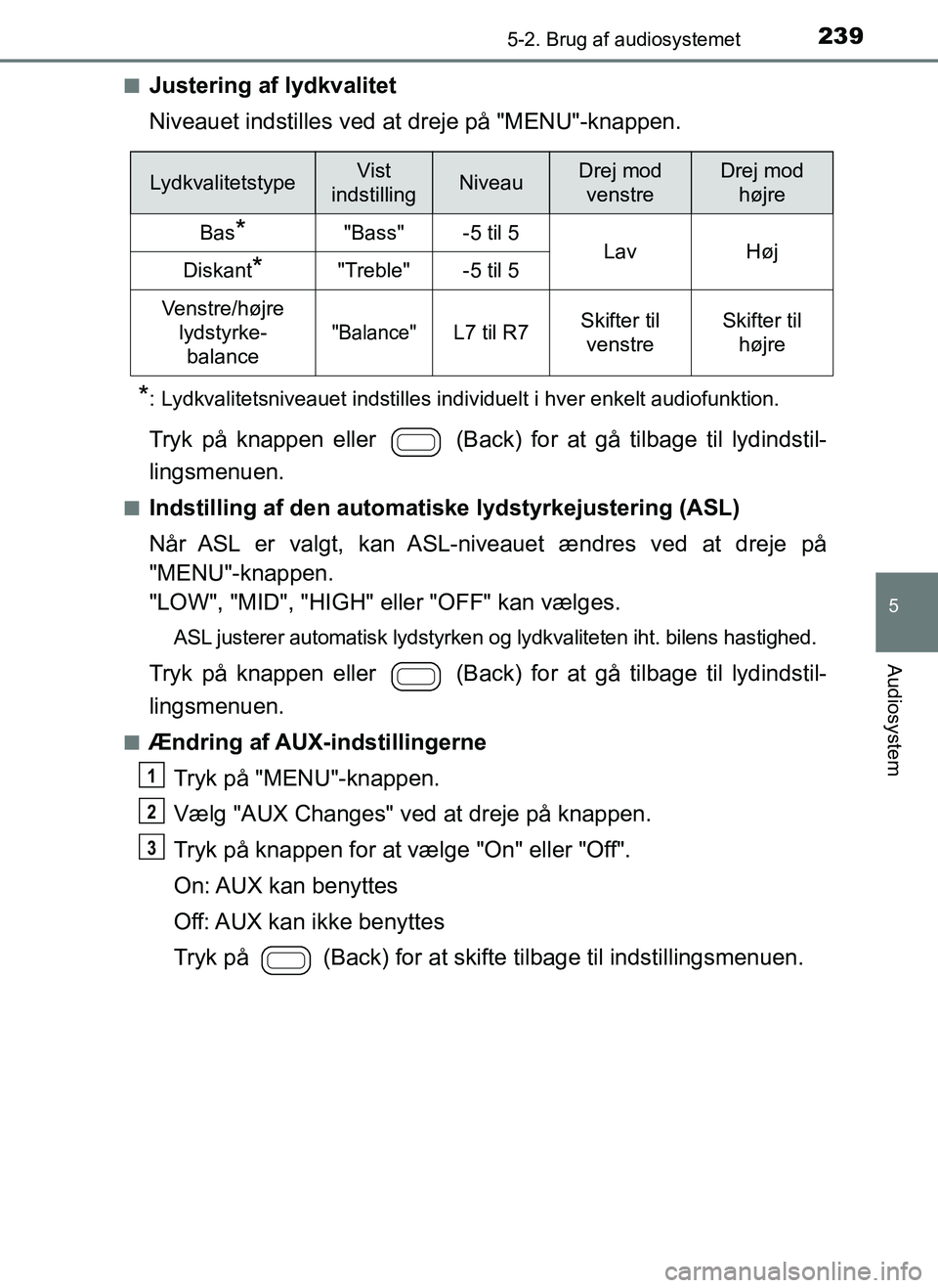 TOYOTA AYGO 2018 Brugsanvisning (in Danish) 2395-2. Brug af audiosystemet
5
Audiosystem
OM99R11DKn
Justering af lydkvalitet
Niveauet indstilles ved
at dreje på "MENU"-knappen.
*: Lydkvalitetsniveauet indstilles individuelt i hver enkelt audio TOYOTA AYGO 2018 Brugsanvisning (in Danish) 2395-2. Brug af audiosystemet
5
Audiosystem
OM99R11DKn
Justering af lydkvalitet
Niveauet indstilles ved
at dreje på "MENU"-knappen.
*: Lydkvalitetsniveauet indstilles individuelt i hver enkelt audio