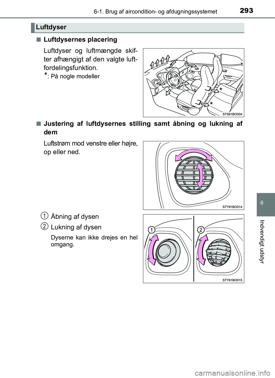 TOYOTA AYGO 2018 Brugsanvisning (in Danish) 2936-1. Brug af aircondition- og afdugningssystemet
6
Indvendigt udstyr
OM99R11DK
[
nLuftdysernes placering
Luftdyser og luftmængde skif-
ter afhængigt af den valgte luft-
fordelingsfunktion.
*: På TOYOTA AYGO 2018 Brugsanvisning (in Danish) 2936-1. Brug af aircondition- og afdugningssystemet
6
Indvendigt udstyr
OM99R11DK
[
nLuftdysernes placering
Luftdyser og luftmængde skif-
ter afhængigt af den valgte luft-
fordelingsfunktion.
*: På