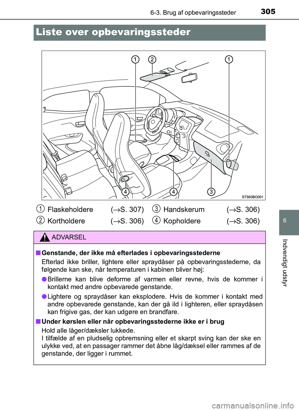TOYOTA AYGO 2018 Brugsanvisning (in Danish) 3056-3. Brug af opbevaringssteder
6
Indvendigt udstyr
OM99R11DK
Liste over opbevaringssteder
Flaskeholdere ( →S. 307)
Kortholdere ( →S. 306) Handskerum (
→S. 306)
Kopholdere ( →S. 306)
ADVARS TOYOTA AYGO 2018 Brugsanvisning (in Danish) 3056-3. Brug af opbevaringssteder
6
Indvendigt udstyr
OM99R11DK
Liste over opbevaringssteder
Flaskeholdere ( →S. 307)
Kortholdere ( →S. 306) Handskerum (
→S. 306)
Kopholdere ( →S. 306)
ADVARS