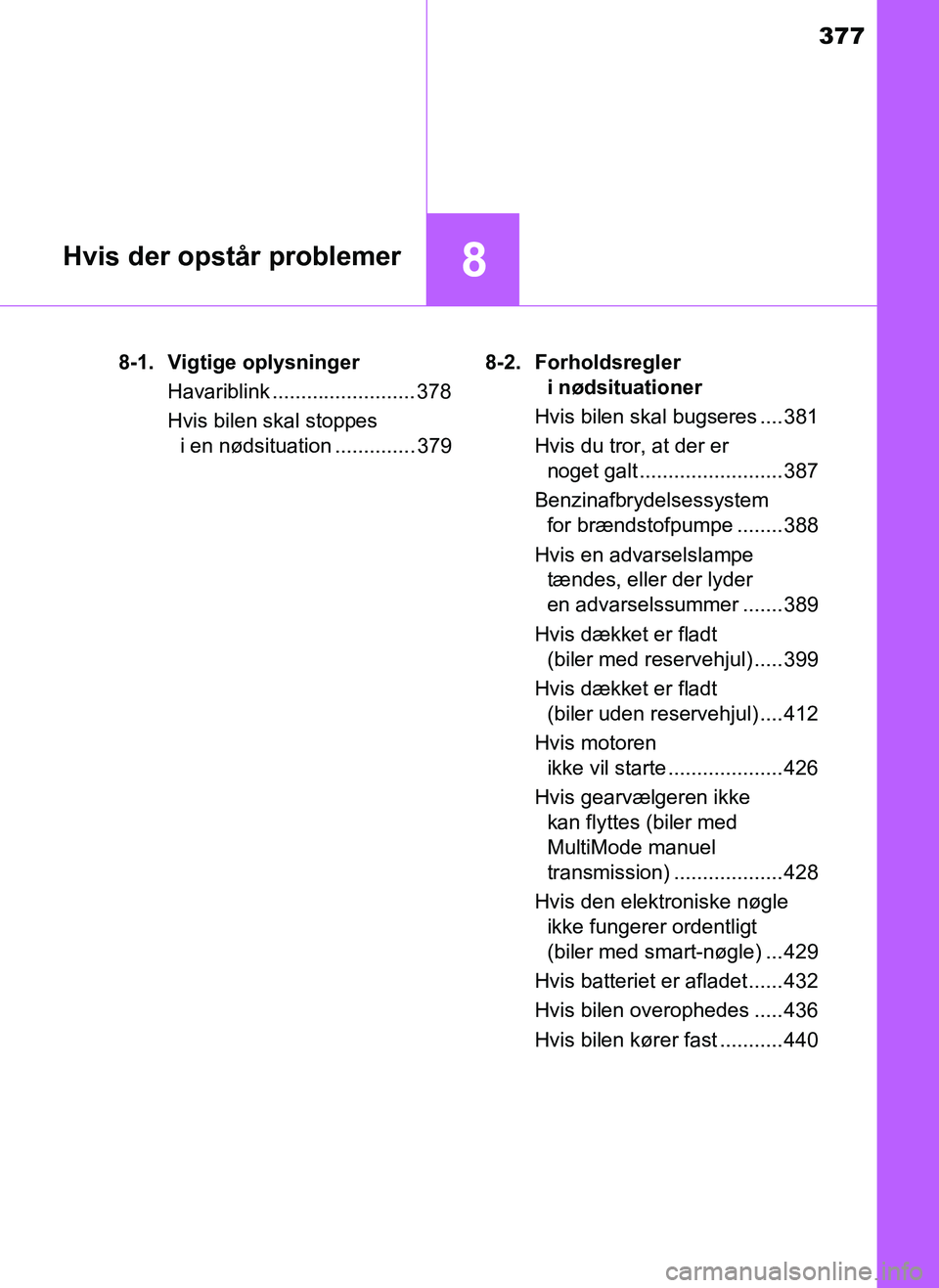 TOYOTA AYGO 2018 Brugsanvisning (in Danish) 377
8Hvis der opstår problemer
OM99R11DK8-1. Vigtige oplysninger
Havariblink ......................... 378
Hvis bilen skal stoppes i en nødsituation .............. 379 8-2. Forholdsregler
i nødsit TOYOTA AYGO 2018 Brugsanvisning (in Danish) 377
8Hvis der opstår problemer
OM99R11DK8-1. Vigtige oplysninger
Havariblink ......................... 378
Hvis bilen skal stoppes i en nødsituation .............. 379 8-2. Forholdsregler
i nødsit