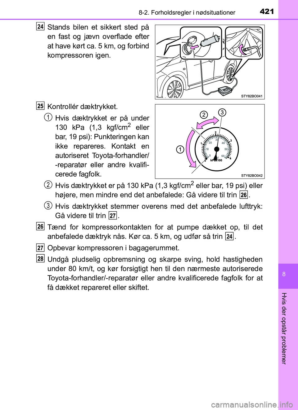 TOYOTA AYGO 2018  Brugsanvisning (in Danish) 4218-2. Forholdsregler i nødsituationer
8
Hvis der opstår problemer
OM99R11DK
Stands bilen et sikkert sted på
en fast og jævn overflade efter
at have kørt ca. 5 km, og forbind
kompressoren igen.
