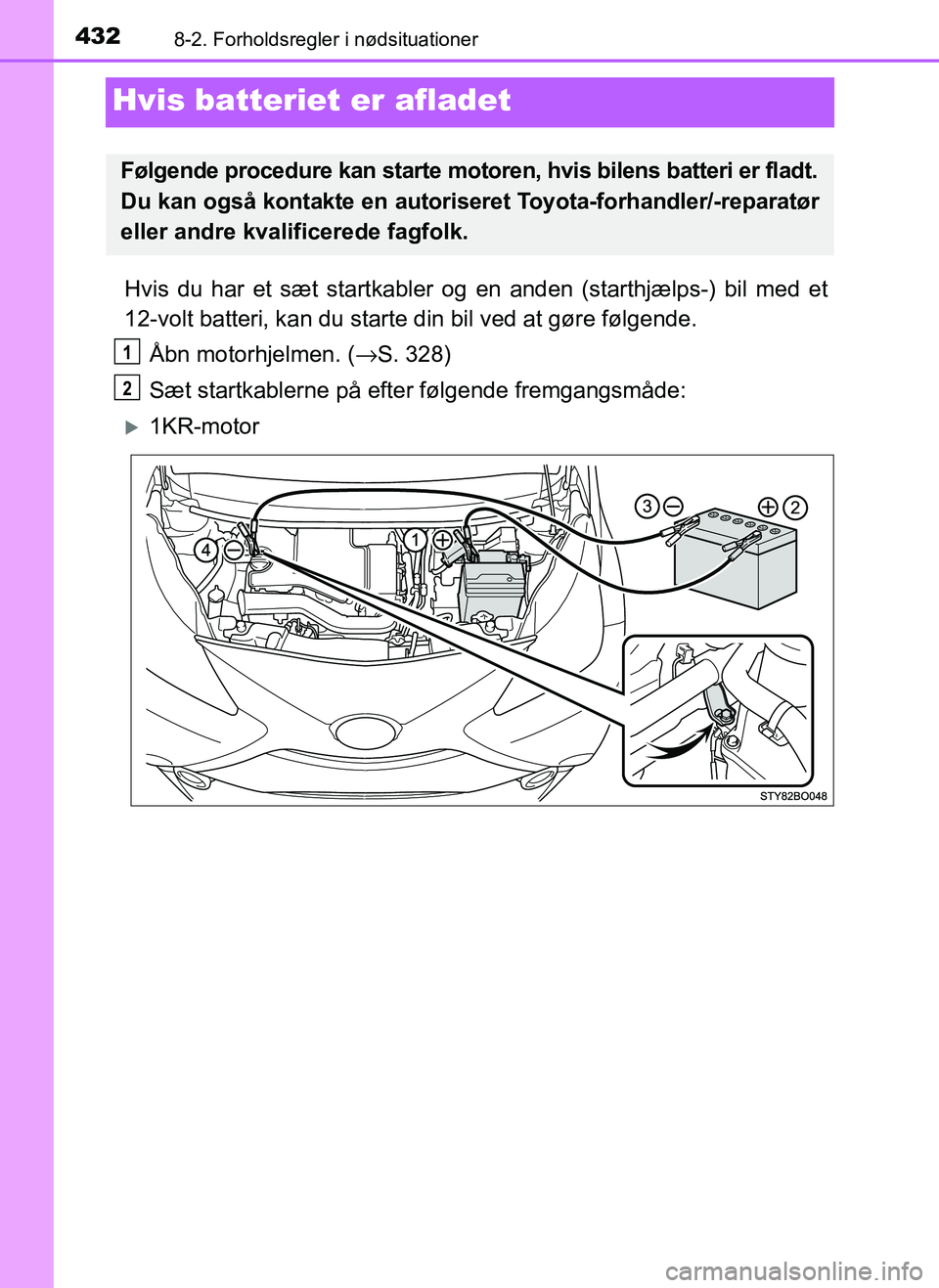 TOYOTA AYGO 2018 Brugsanvisning (in Danish) 4328-2. Forholdsregler i nødsituationer
OM99R11DK
Hvis batteriet er afladet
Hvis du har et sæt startkabler og en anden (starthjælps-) bil med et
12-volt batteri, kan du starte din bil ved at gøre TOYOTA AYGO 2018 Brugsanvisning (in Danish) 4328-2. Forholdsregler i nødsituationer
OM99R11DK
Hvis batteriet er afladet
Hvis du har et sæt startkabler og en anden (starthjælps-) bil med et
12-volt batteri, kan du starte din bil ved at gøre