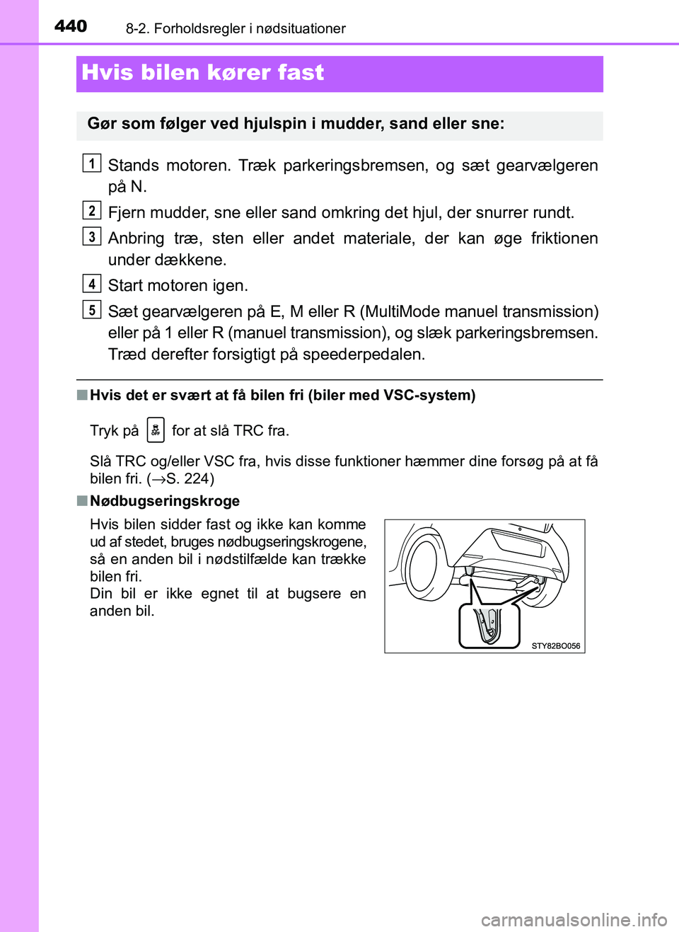 TOYOTA AYGO 2018 Brugsanvisning (in Danish) 4408-2. Forholdsregler i nødsituationer
OM99R11DK
Hvis bilen kører fast
Stands motoren. Træk parkeringsbremsen, og sæt gearvælgeren
på N.
Fjern mudder, sne eller sand omkring det hjul, der snurr TOYOTA AYGO 2018 Brugsanvisning (in Danish) 4408-2. Forholdsregler i nødsituationer
OM99R11DK
Hvis bilen kører fast
Stands motoren. Træk parkeringsbremsen, og sæt gearvælgeren
på N.
Fjern mudder, sne eller sand omkring det hjul, der snurr