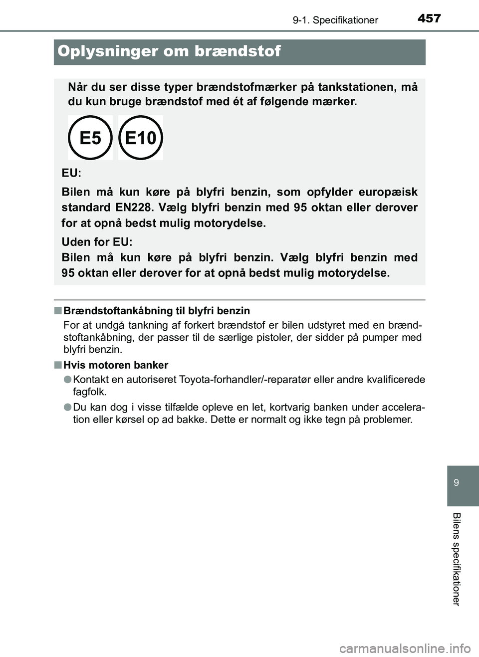 TOYOTA AYGO 2018 Brugsanvisning (in Danish) 4579-1. Specifikationer
9
Bilens specifikationer
OM99R11DK
Oplysninger om brændstof
nBrændstoftankåbning til blyfri benzin
For at undgå tankning af forkert brændstof er bilen udstyret med en bræ TOYOTA AYGO 2018 Brugsanvisning (in Danish) 4579-1. Specifikationer
9
Bilens specifikationer
OM99R11DK
Oplysninger om brændstof
nBrændstoftankåbning til blyfri benzin
For at undgå tankning af forkert brændstof er bilen udstyret med en bræ
