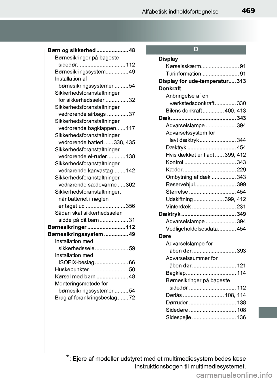 TOYOTA AYGO 2018  Brugsanvisning (in Danish) 469Alfabetisk indholdsfortegnelse
OM99R11DK
Børn og sikkerhed ..................... 48Børnesikringer på bageste sidedør................................ 112
Børnesikringssystem ............... 49

