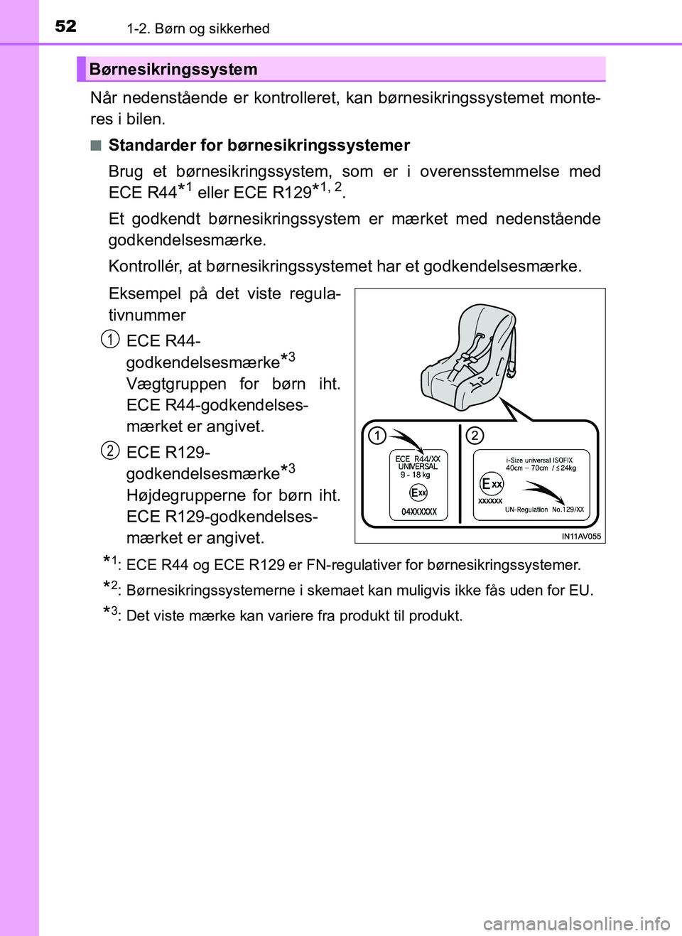 TOYOTA AYGO 2018 Brugsanvisning (in Danish) 521-2. Børn og sikkerhed
OM99R11DK
Når nedenstående er kontrolleret, kan børnesikringssystemet monte-
res i bilen.
nStandarder for bør nesikringssystemer
Brug et børnesikringssystem, som er i o TOYOTA AYGO 2018 Brugsanvisning (in Danish) 521-2. Børn og sikkerhed
OM99R11DK
Når nedenstående er kontrolleret, kan børnesikringssystemet monte-
res i bilen.
nStandarder for bør nesikringssystemer
Brug et børnesikringssystem, som er i o